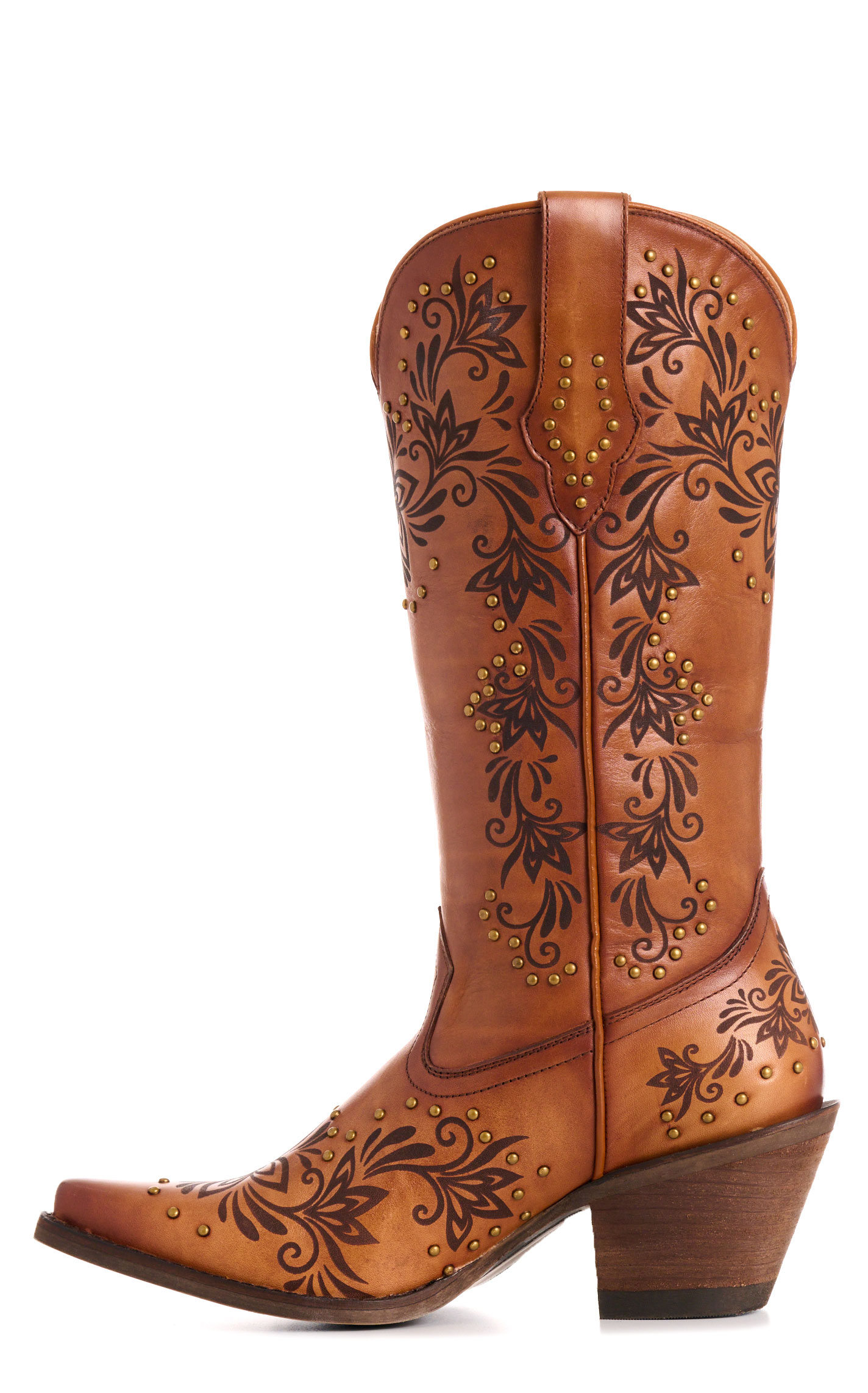 Rockin' C Women’s Peanut & Laser Floral Design Leather Snip Toe Cowboy Boots - Image 1