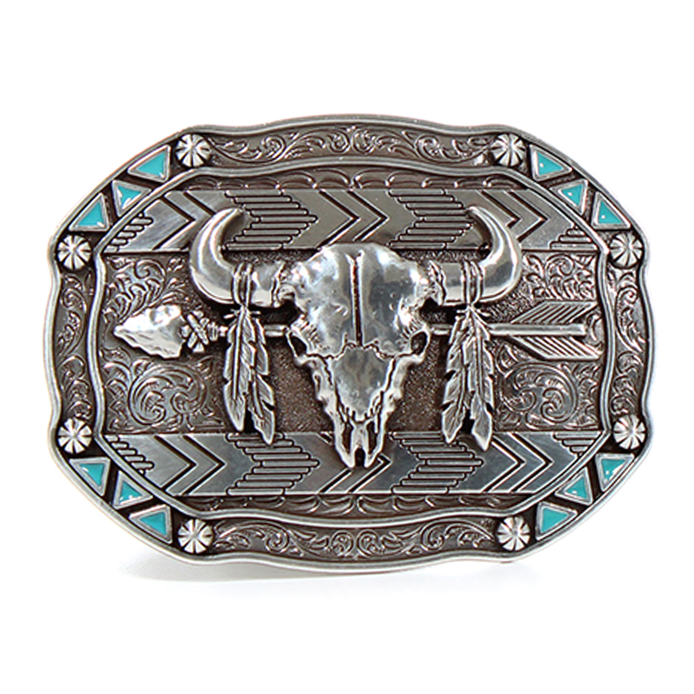 Nocona Silver & Turquoise Arrow Skull Feather Belt Buckle - Image 1