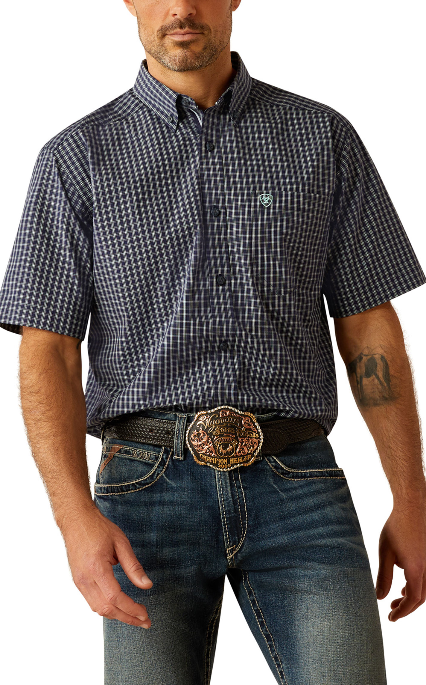 Ariat Men's Pro Series Callum Navy & White Plaid Western Shirt - Image 1