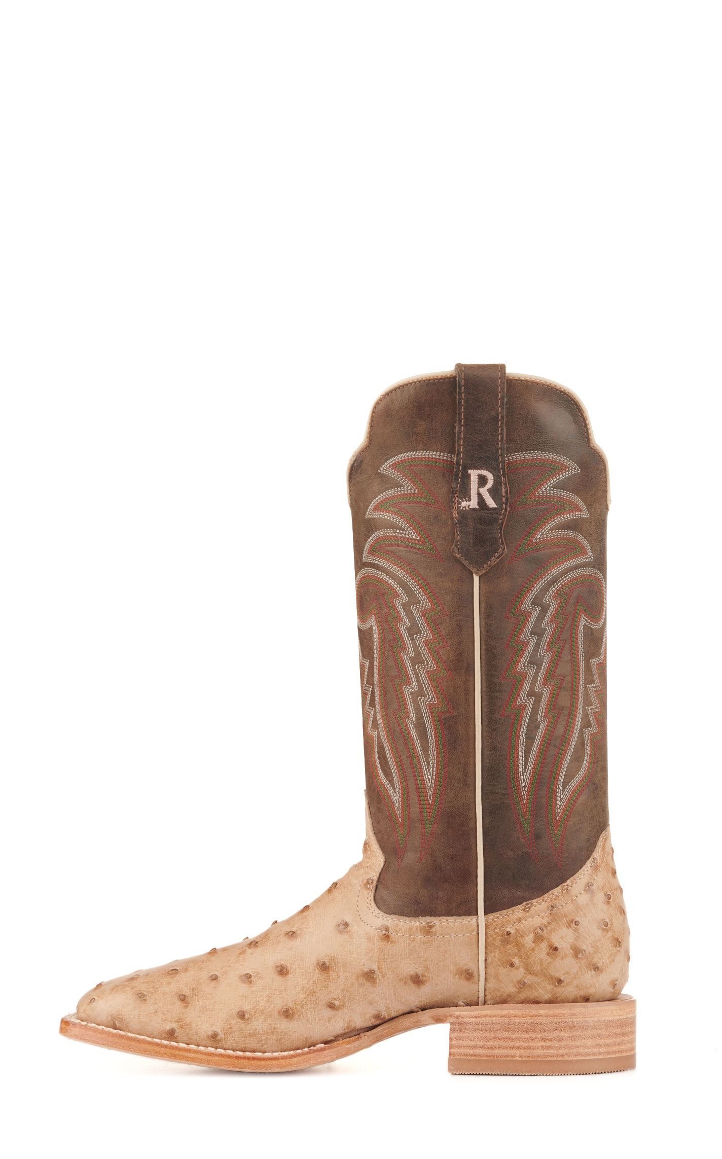 R. Watson Men's Sand Bruciato Full Quill Ostrich and Brown Wide Square Toe Cowboy Boots - Image 1