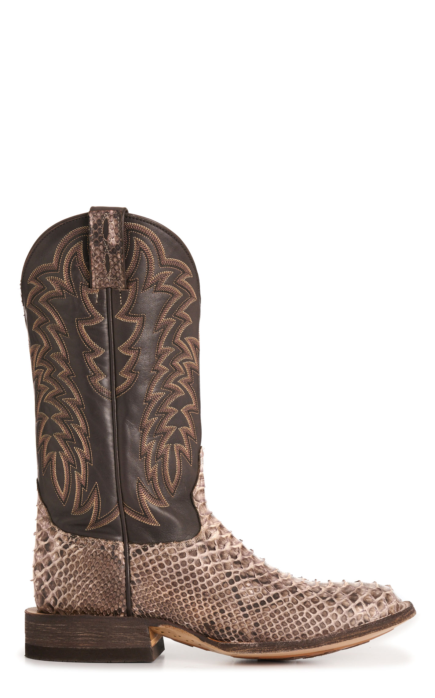 Cavender's Men's Endurance Natural Python and Chocolate Wide Square Toe Exotic Cowboy Boots - Image 1