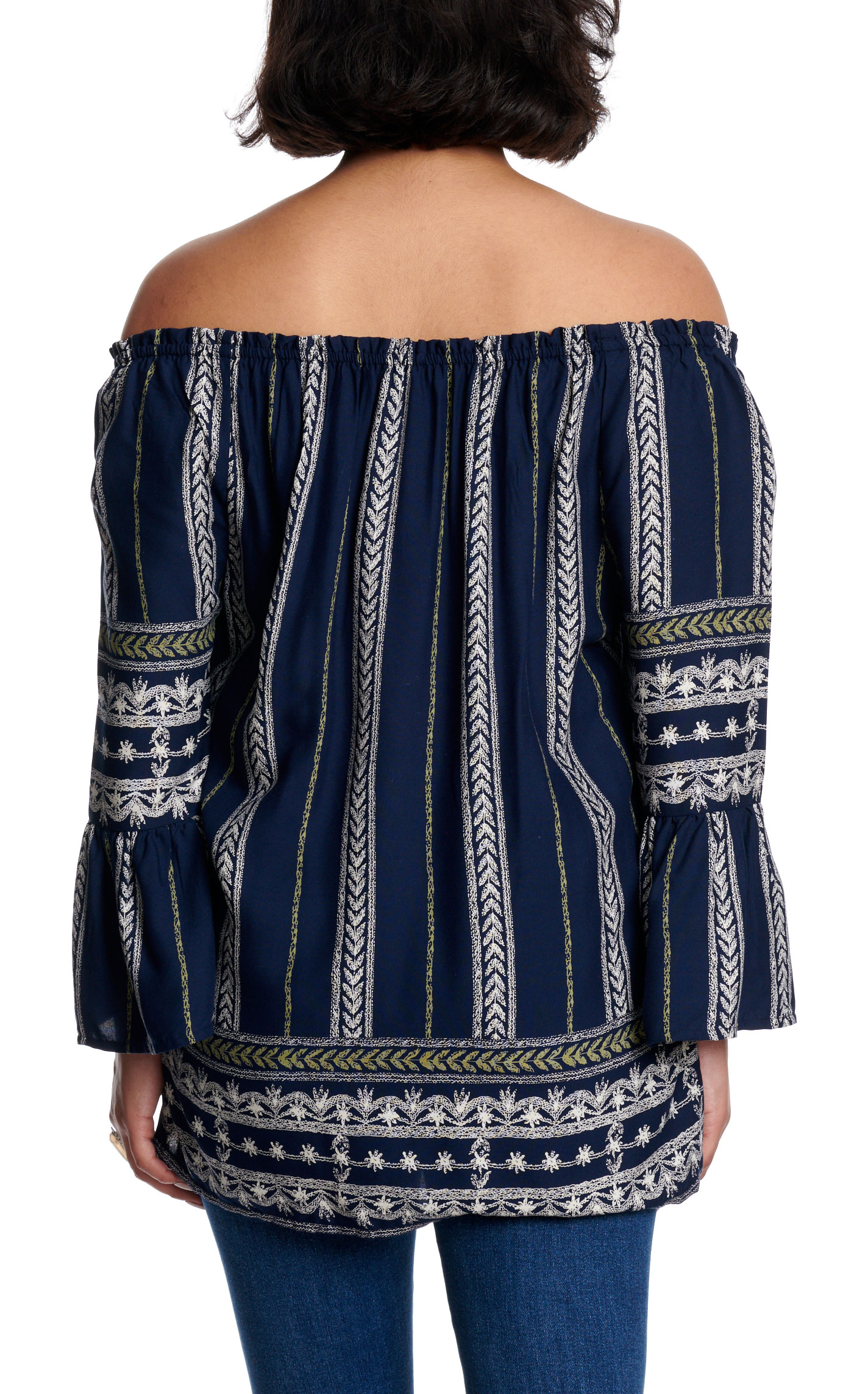 Magnolia Lane Women's Navy Bell Sleeve Border Print Top - Image 1
