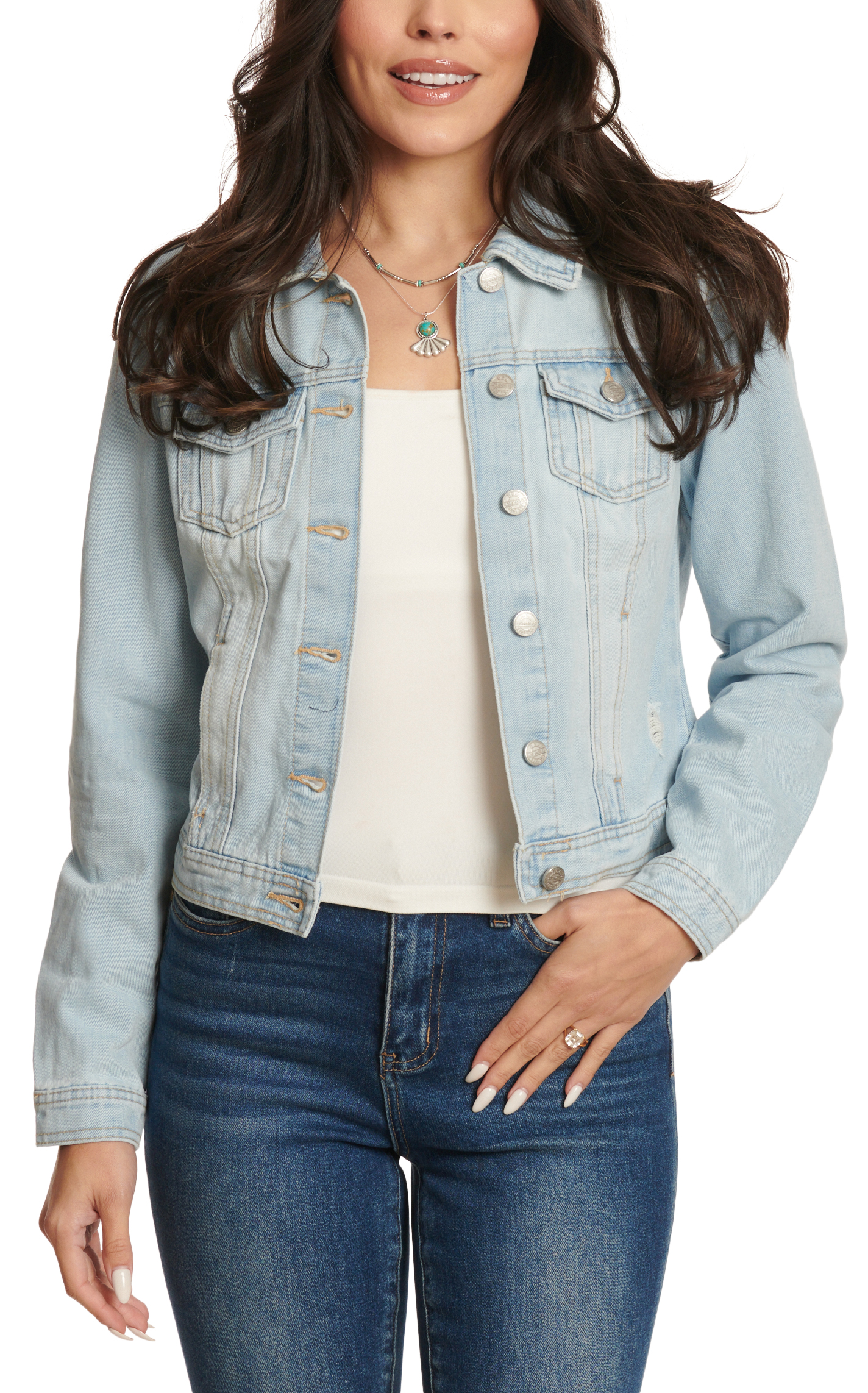 BBJ Women's Retro Light Wash Denim Distressed Jacket - Image 1