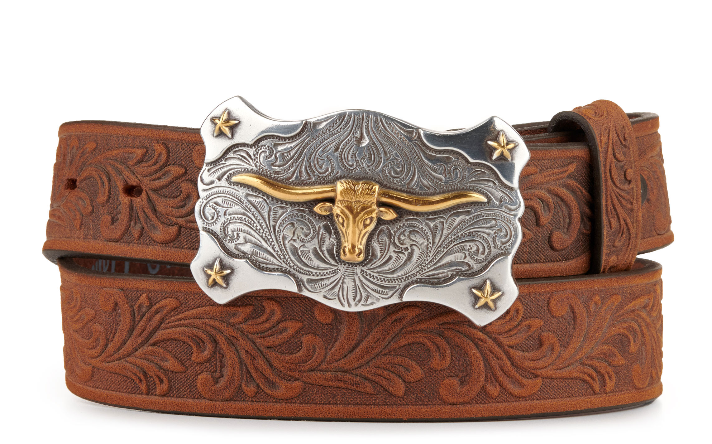 Tony Lama Kids' Aged Brown with Texas Longhorn Buckle Tooled Belt - Image 1