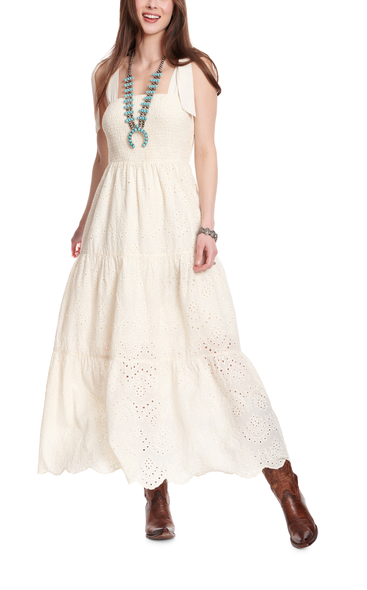 Rockin' C Women's Cream Eyelet Smocked Wide Strap Sundress - Image 1