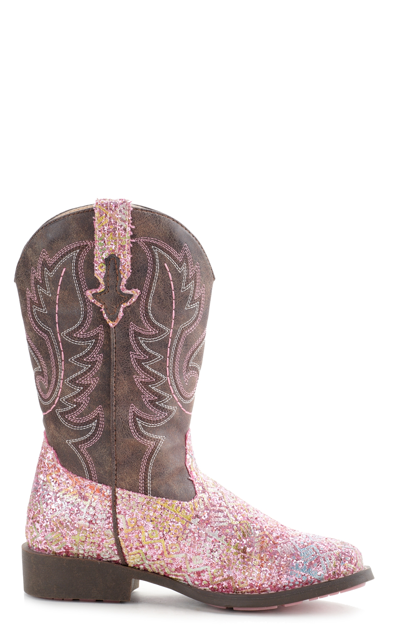 Roper Kids Pink Glitter Aztec Square Toe Cowboy Boot - Image 1