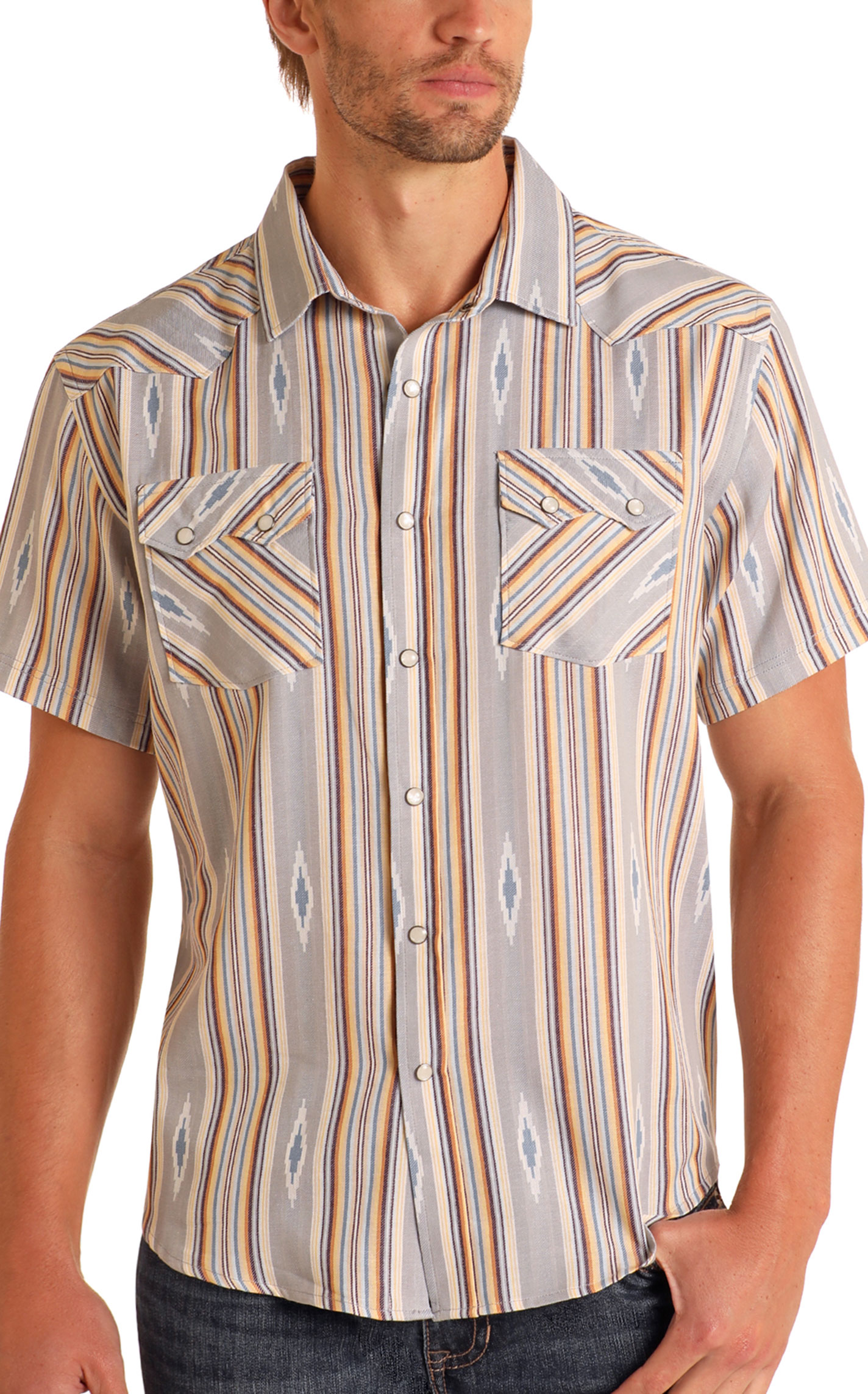Panhandle Men's Vintage Gray & Sunset Stripe Aztec Western Shirt - Image 1
