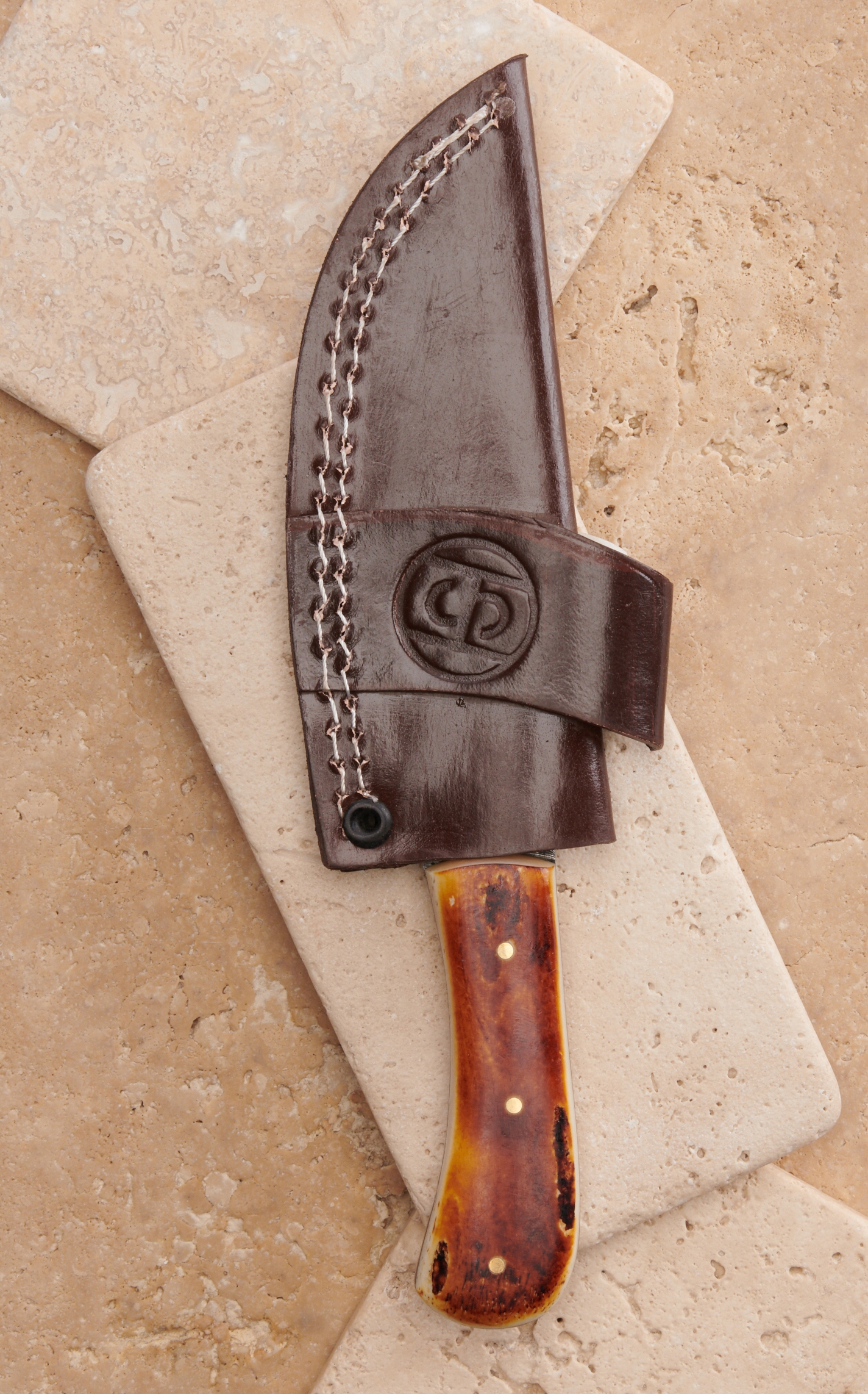 Circle SH Cutlery Damascus Blade and Burnt Bone Handle Knife with Leather Sheath - Image 1