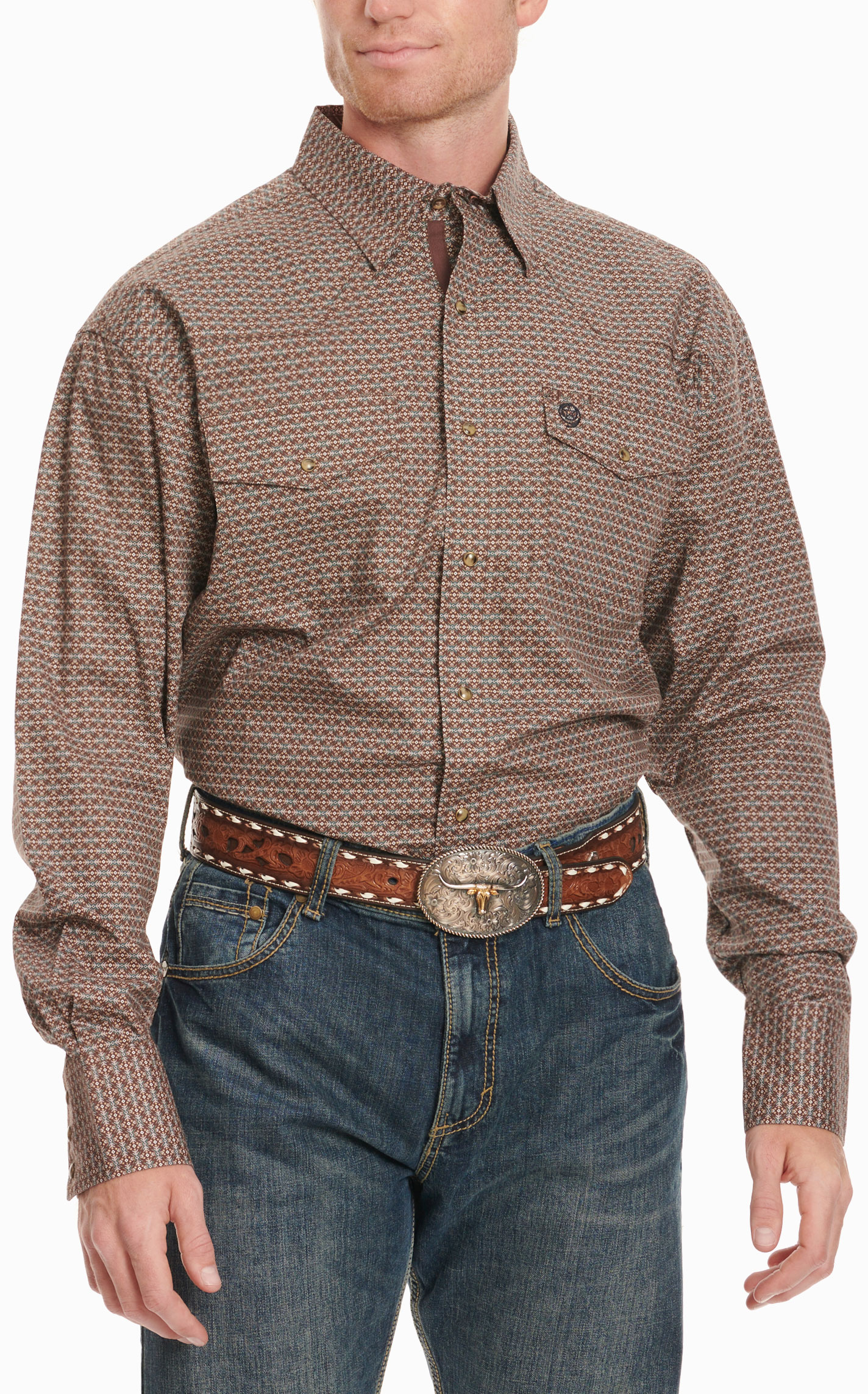 Wrangler Men's George Strait Collection Chocolate & Teal Geo Print Western Shirt - Image 1