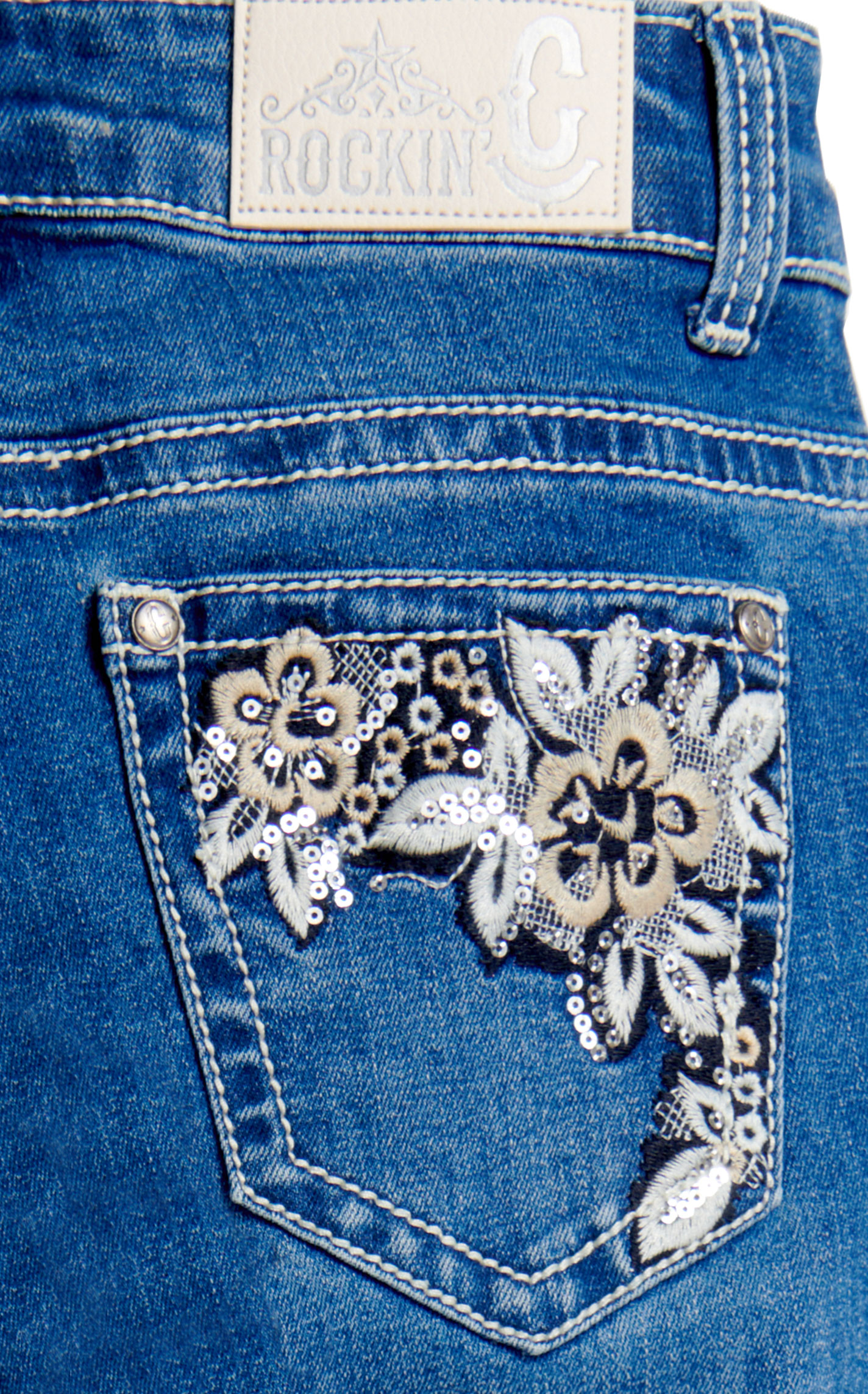 Rockin C Girl's Medium Wash Floral Embroidery Pocket Jeans - Image 1