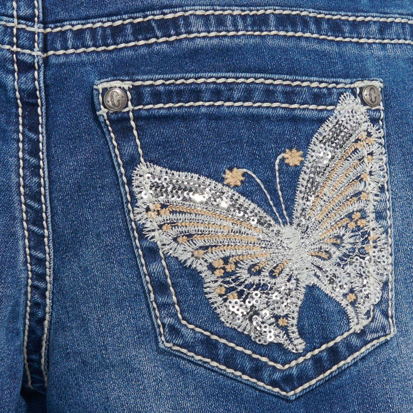 Rockin' C Girls’ Medium Wash Sequin Butterfly Bootcut Jeans - Image 1