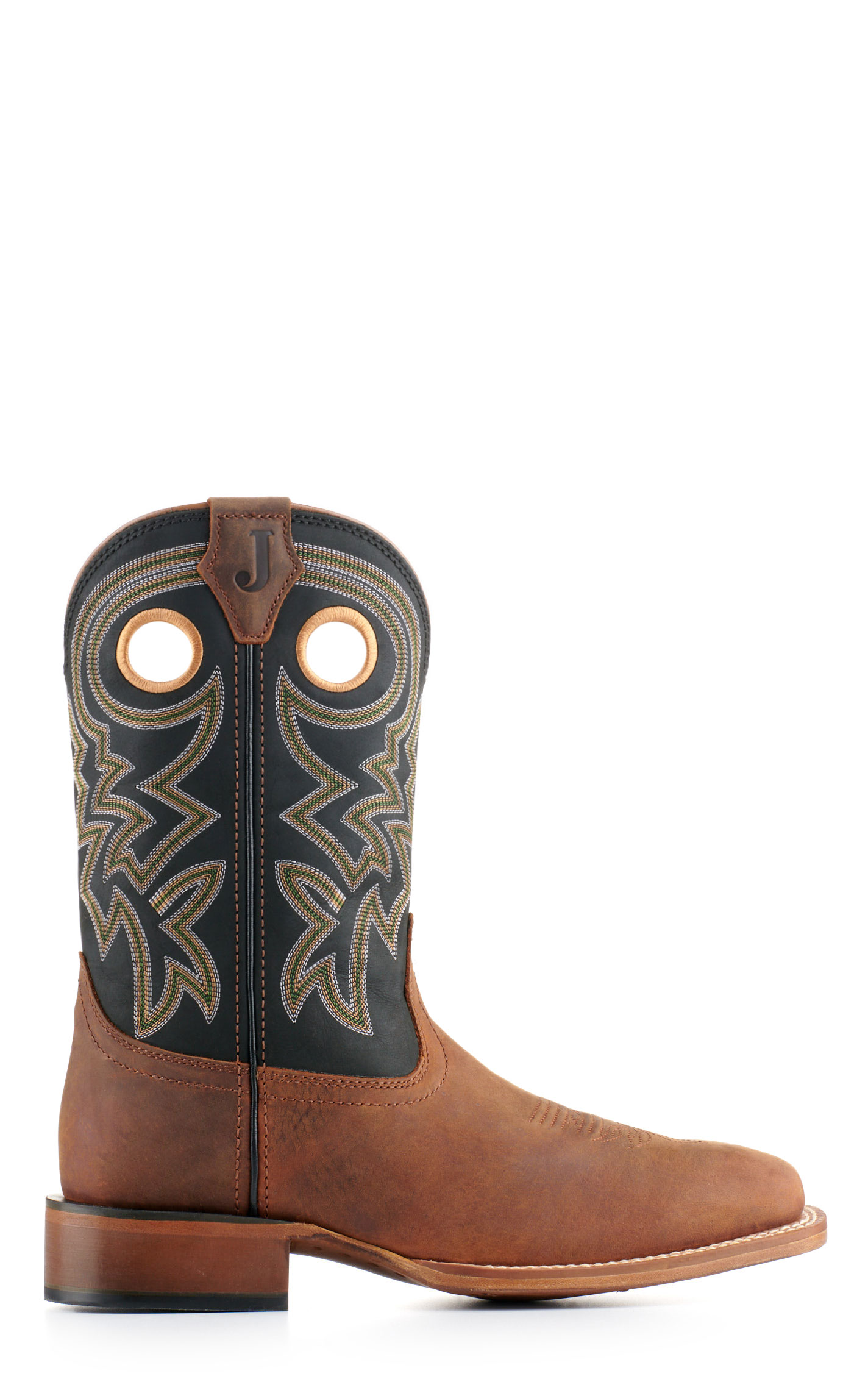 Justin Men's Frontier Tuf Black and Brown Wide Square Toe Cowboy Boots - Image 1