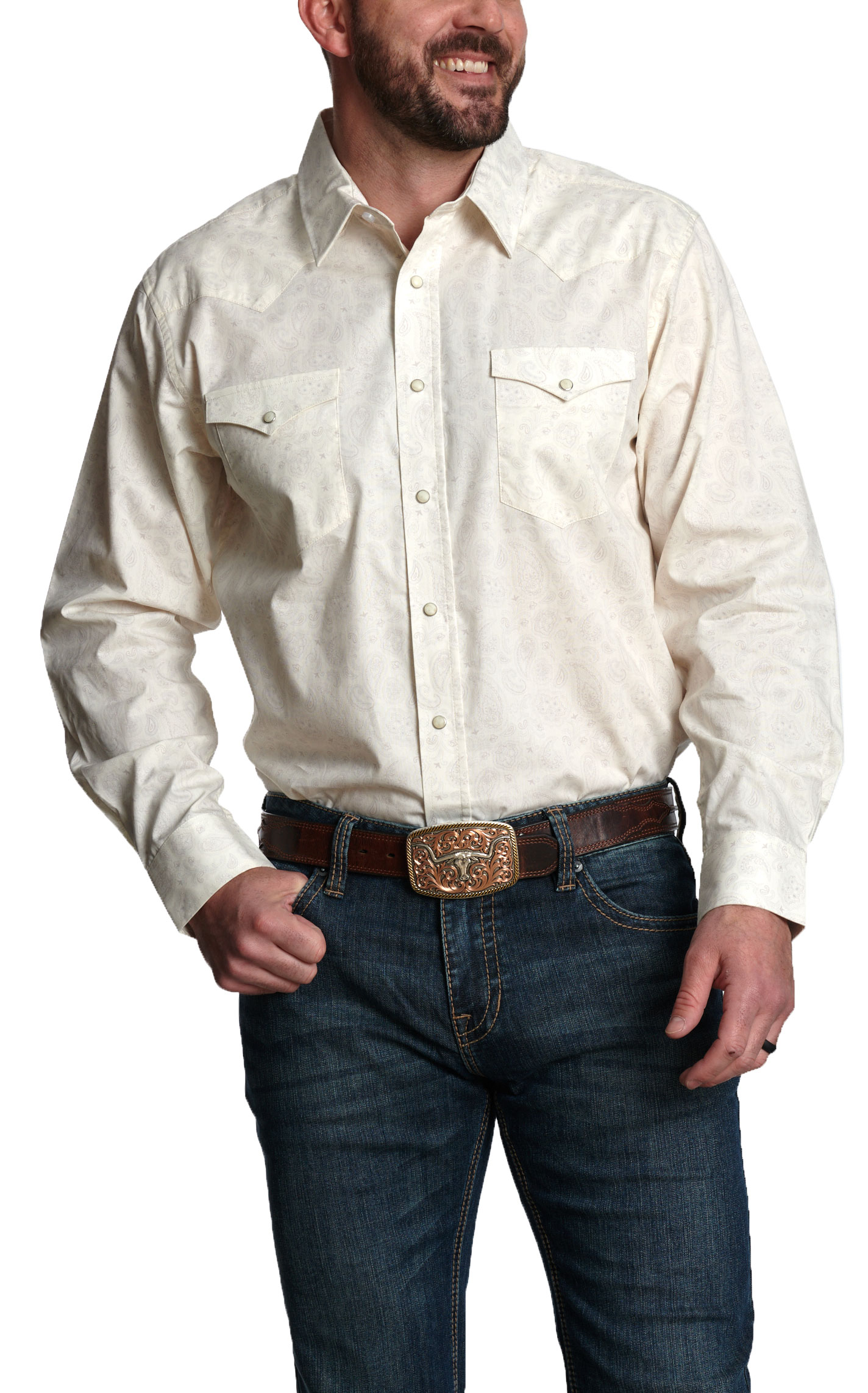 Panhandle Men’s White and Khaki Paisley Western Shirt - Image 1