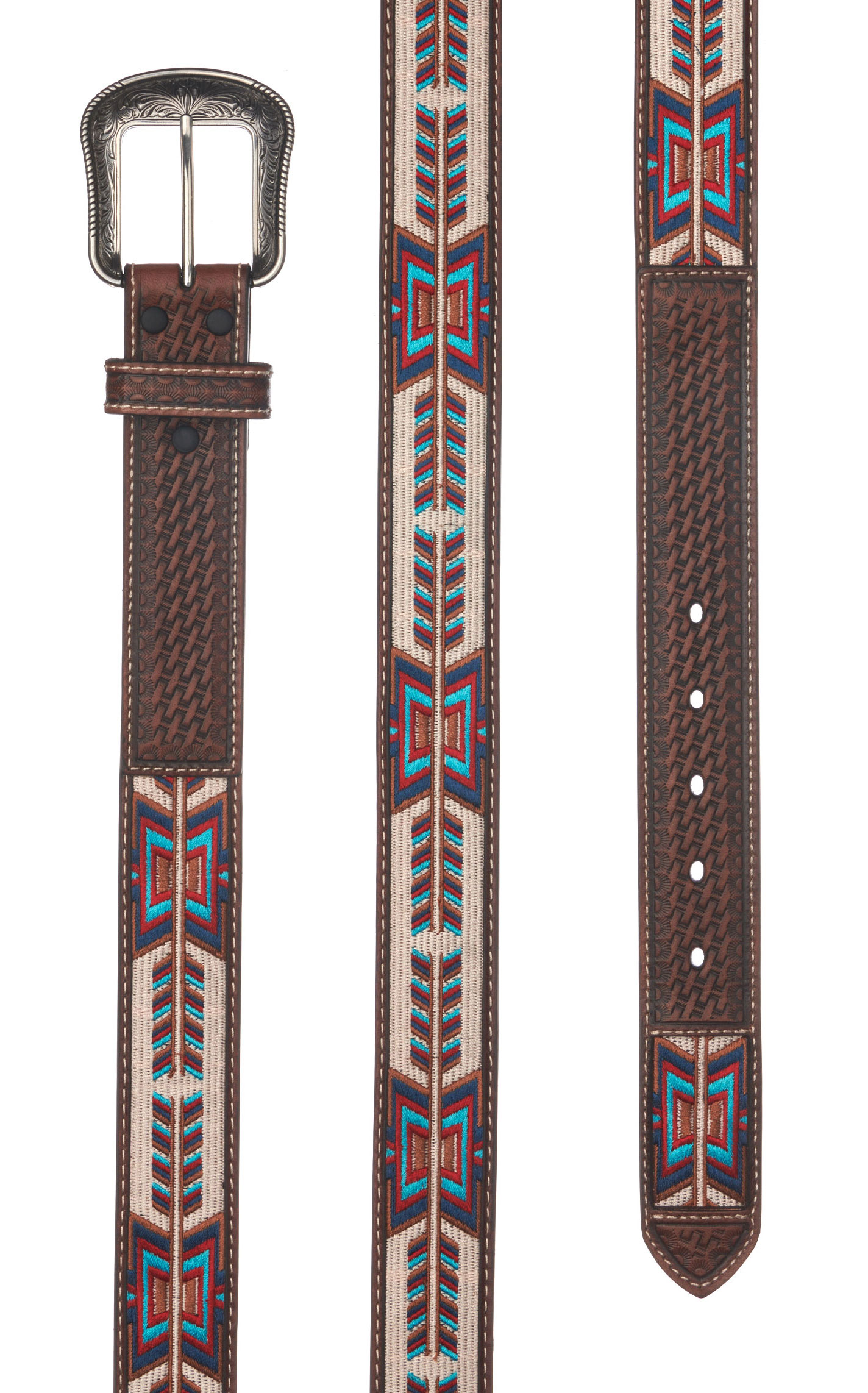 3D Belt Co Men's Brown with Red Blue and Cinnamon Aztec Stitch Western Belt - Image 1