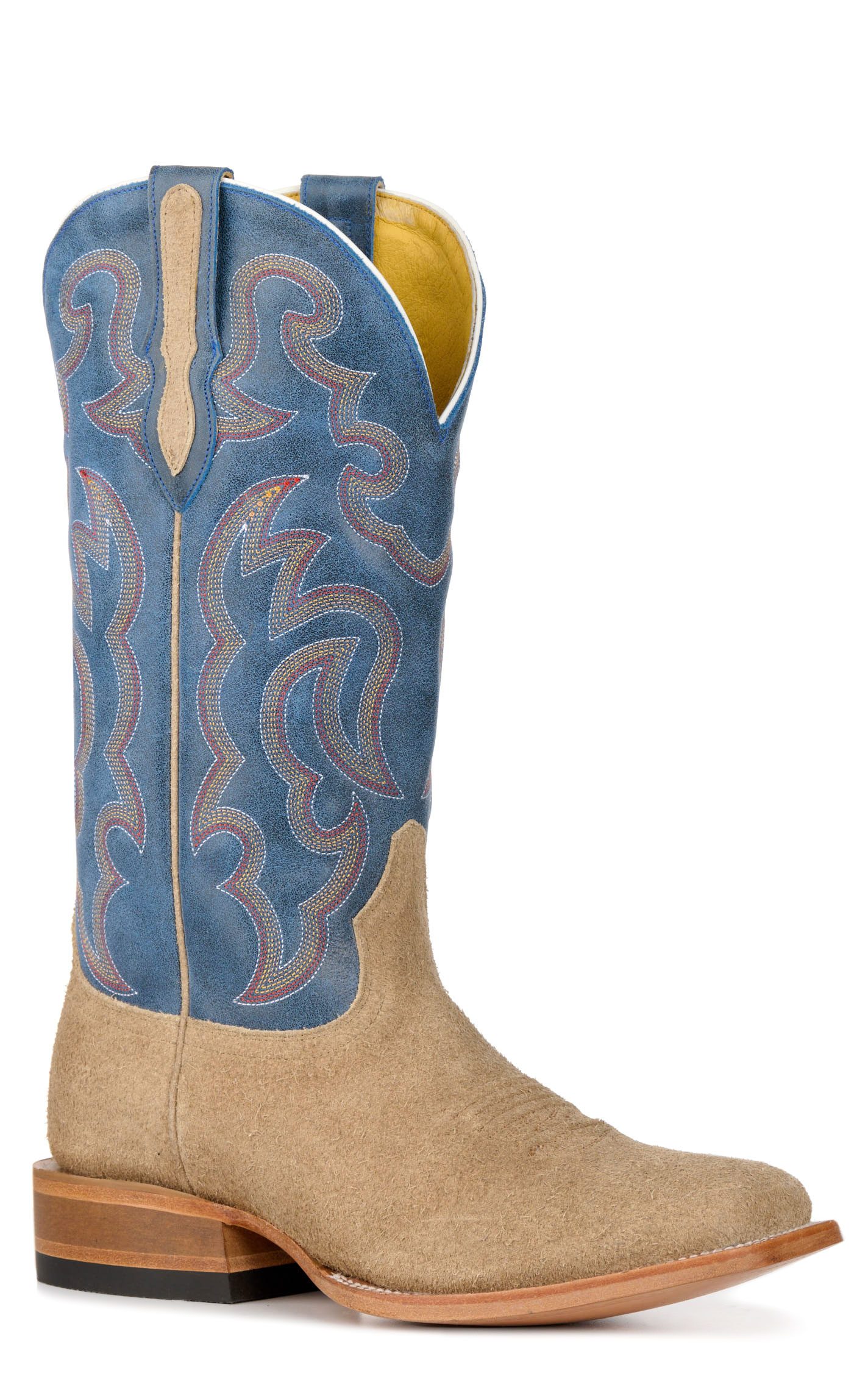 Cavender's Men's Tan Roughout and Blue Wide Square Toe Cowboy Boots - Image 1