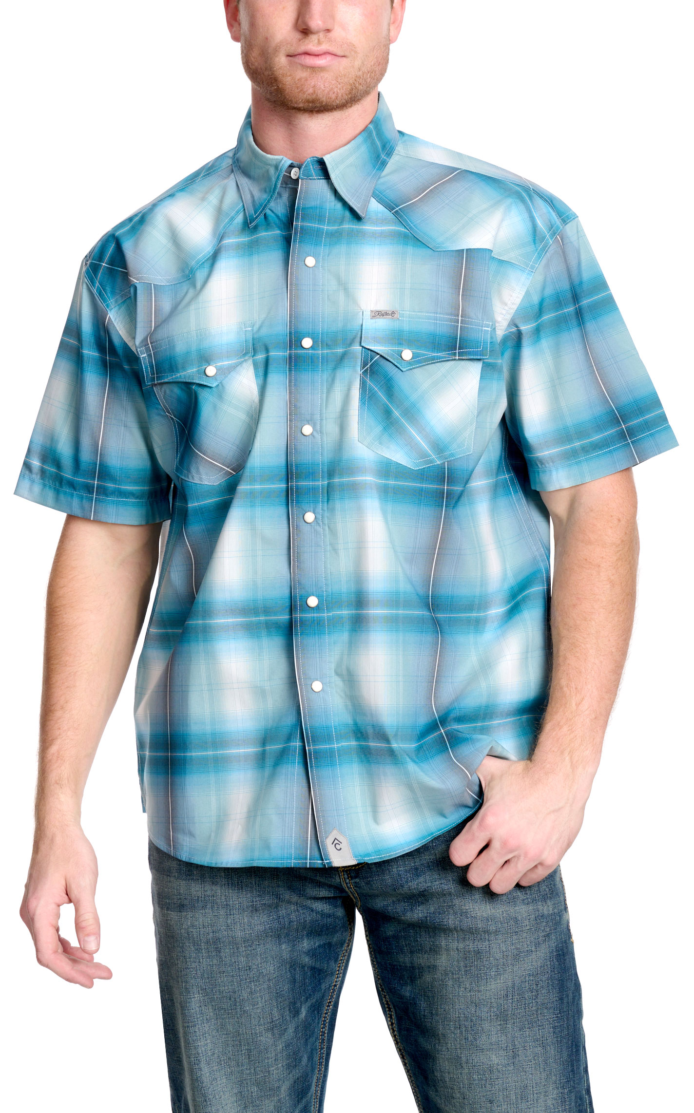 Rafter C Outdoors Men's Turquoise Plaid Short Sleeve Fishing Shirt - Image 1