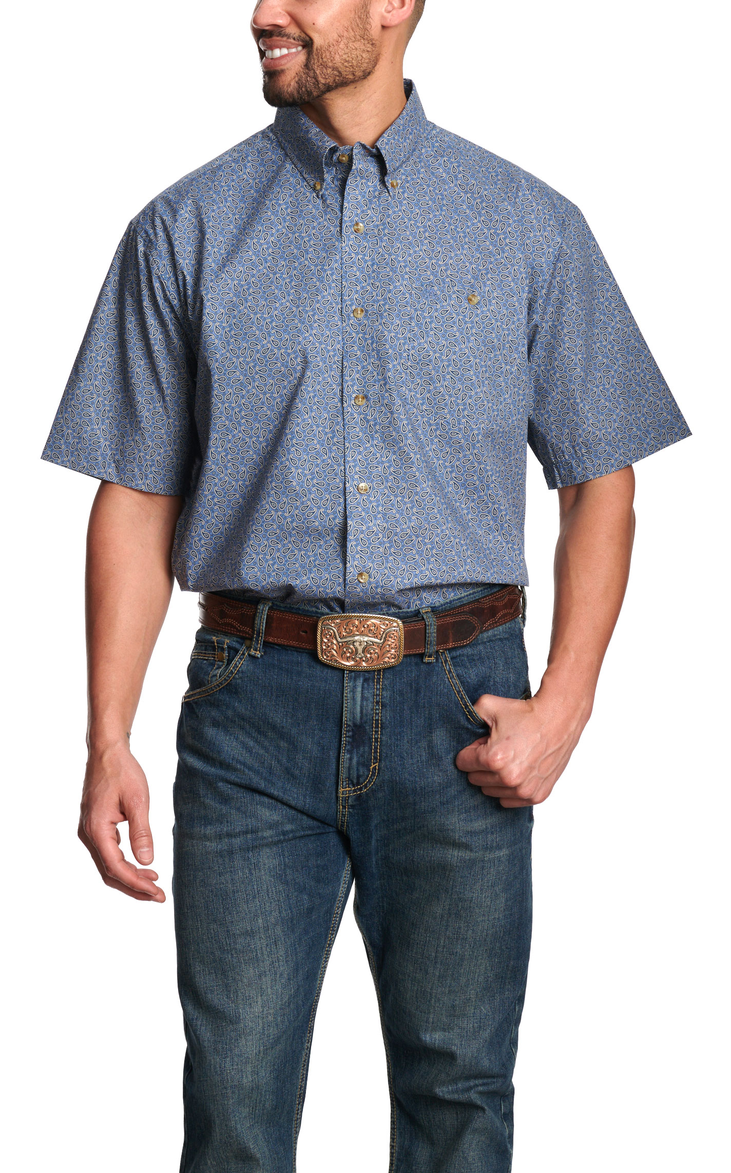 Wrangler Classic Men's Blue Paisley Print Short Sleeve Western Shirt - Image 1