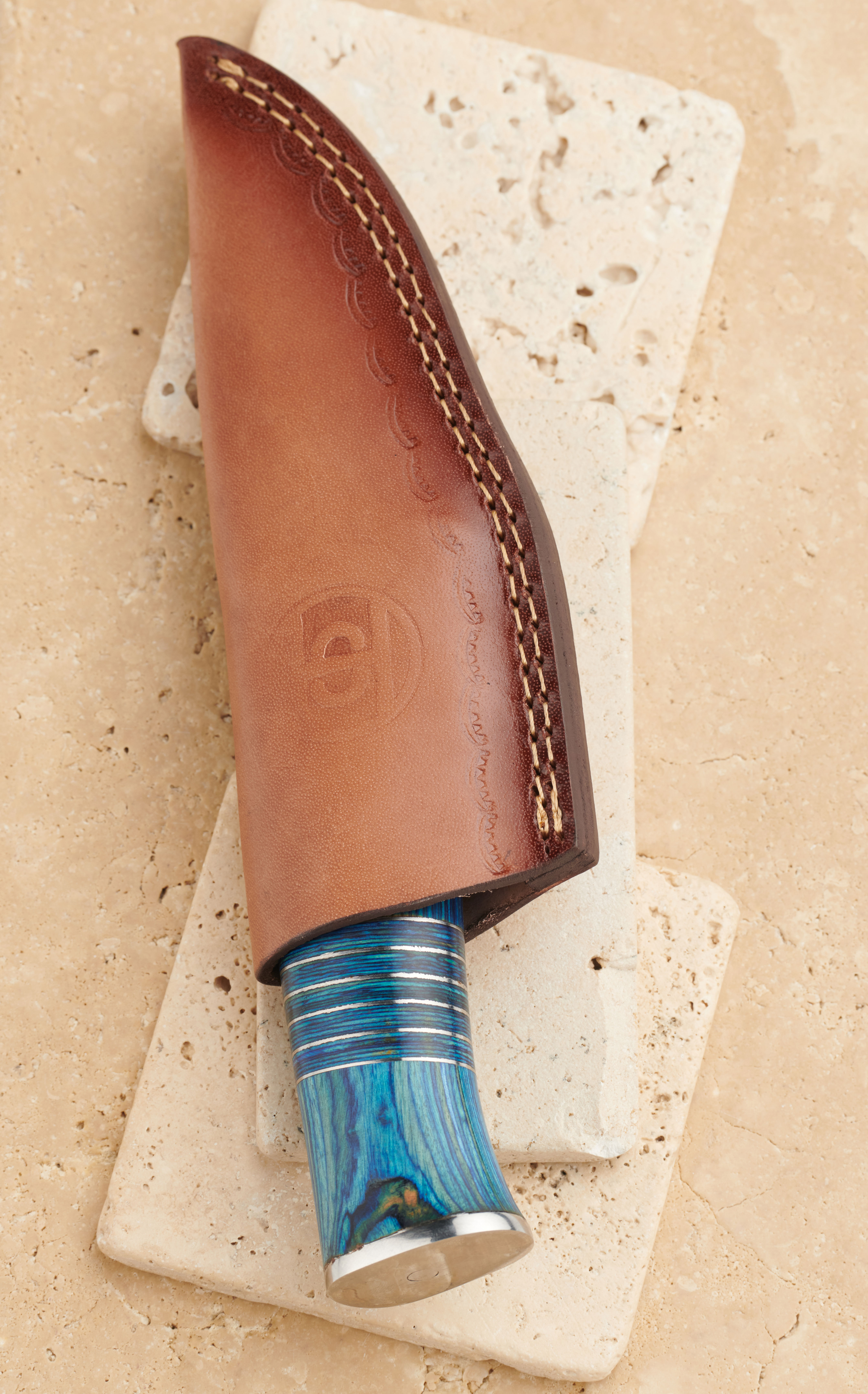 Circle SH Cutlery Stainless Steel Blade with Blue Wooden Handle Straight Knife and Sheath - Image 3