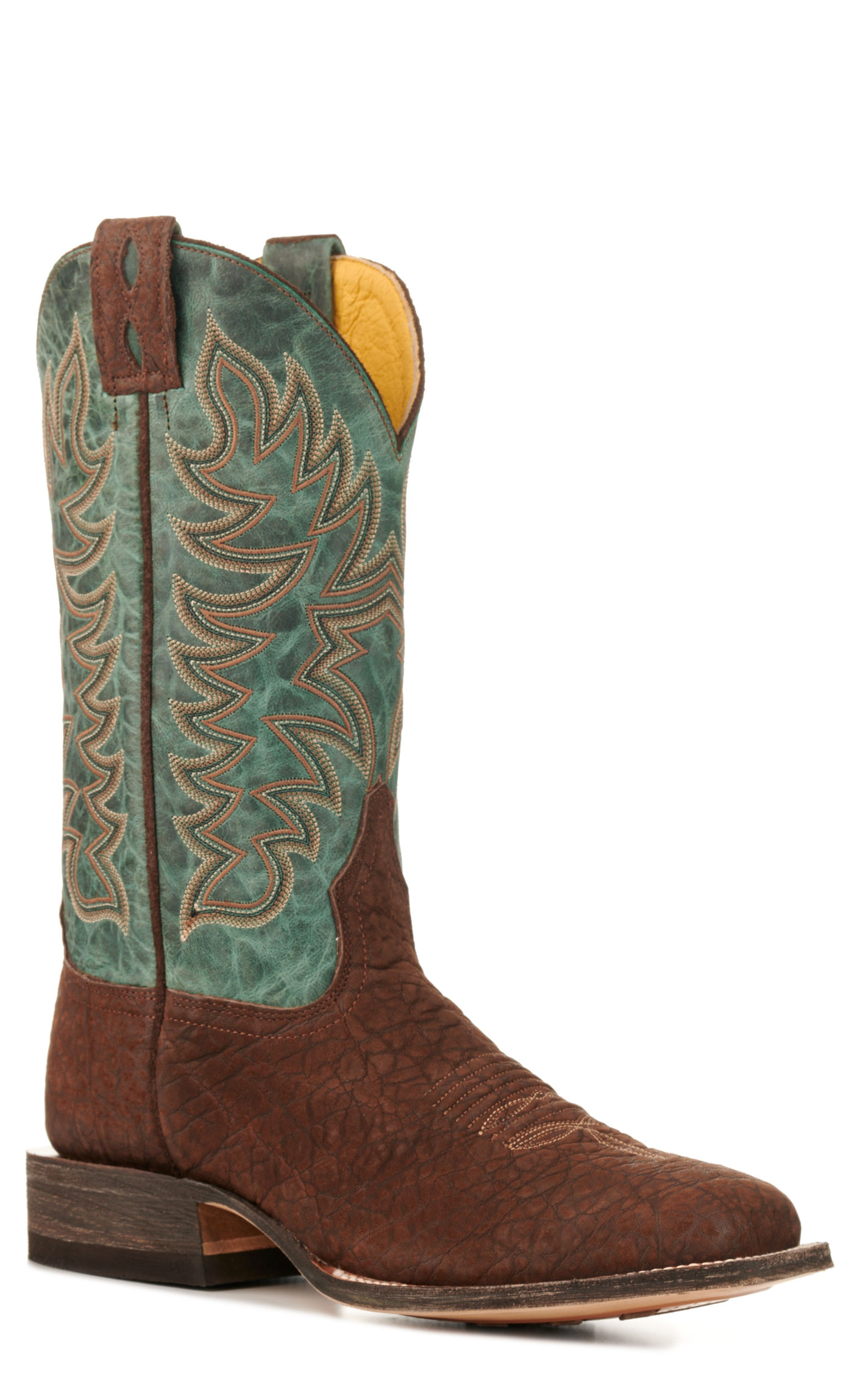 Cavender's Men's Endurance Teal and Chocolate Elephant Wide Square Toe Exotic Cowboy Boots - Image 1