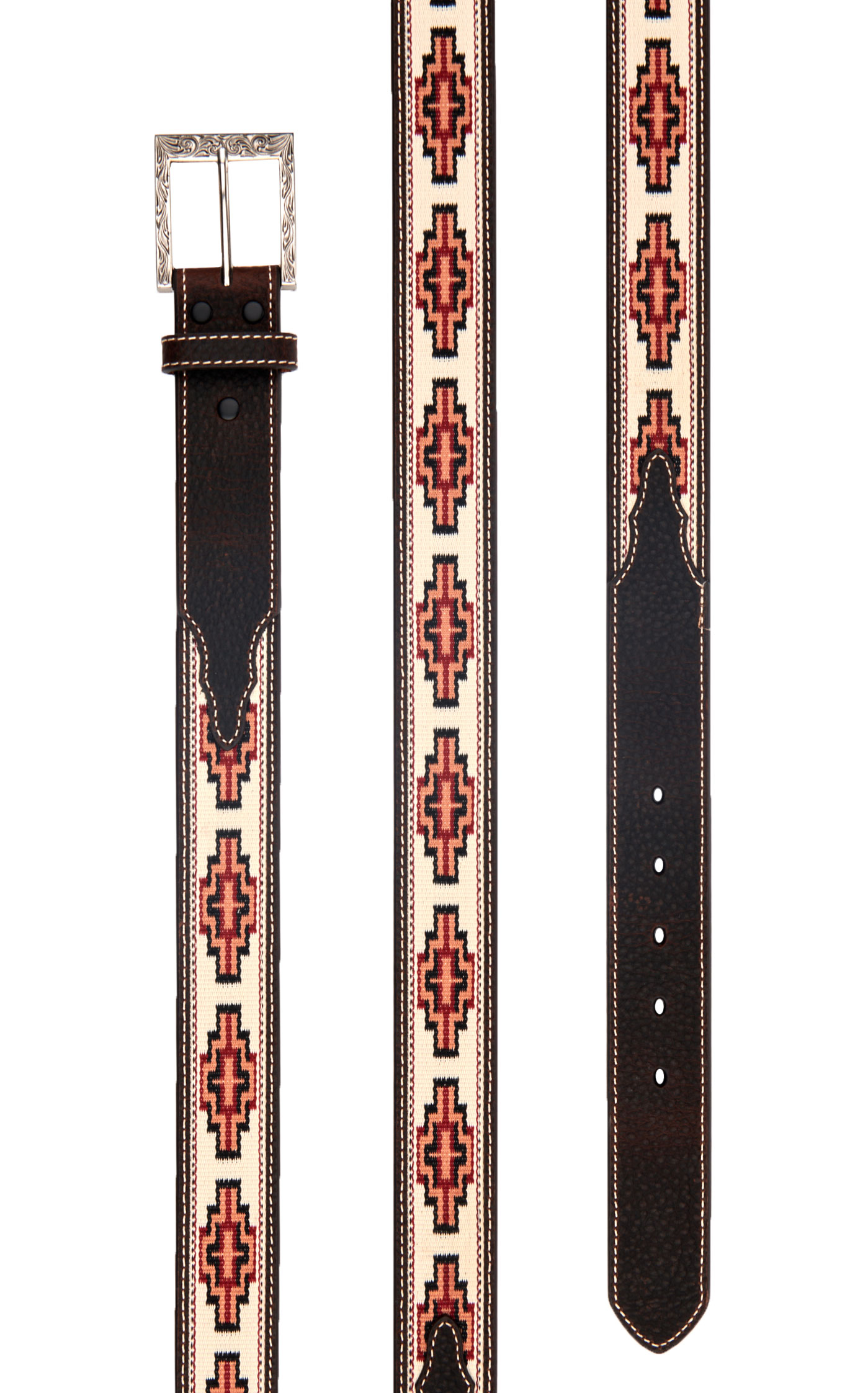 Rafter C Men’s Silver Filigree Square Buckle Stitched Aztec Print Western Belt - Image 1