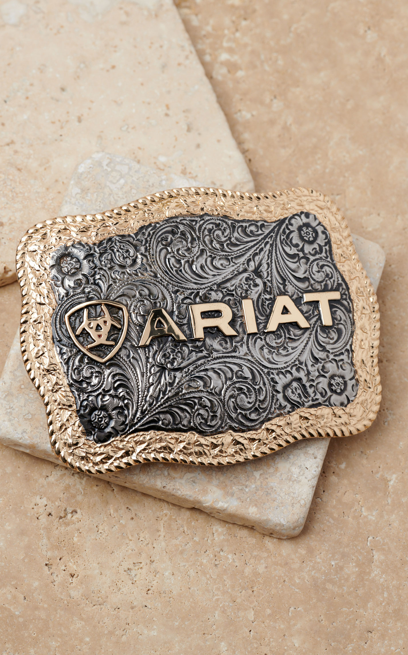 Ariat Antiqued Silver Filigree Scrolling Gold Scalloped Edge Rectangle Belt Buckle  - Image 1