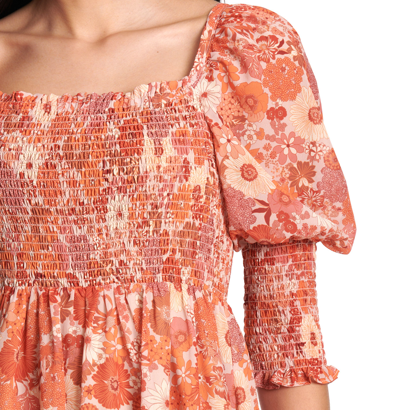 Blue B Women’s Orange Floral Puff Sleeve Midi Dress - Image 1
