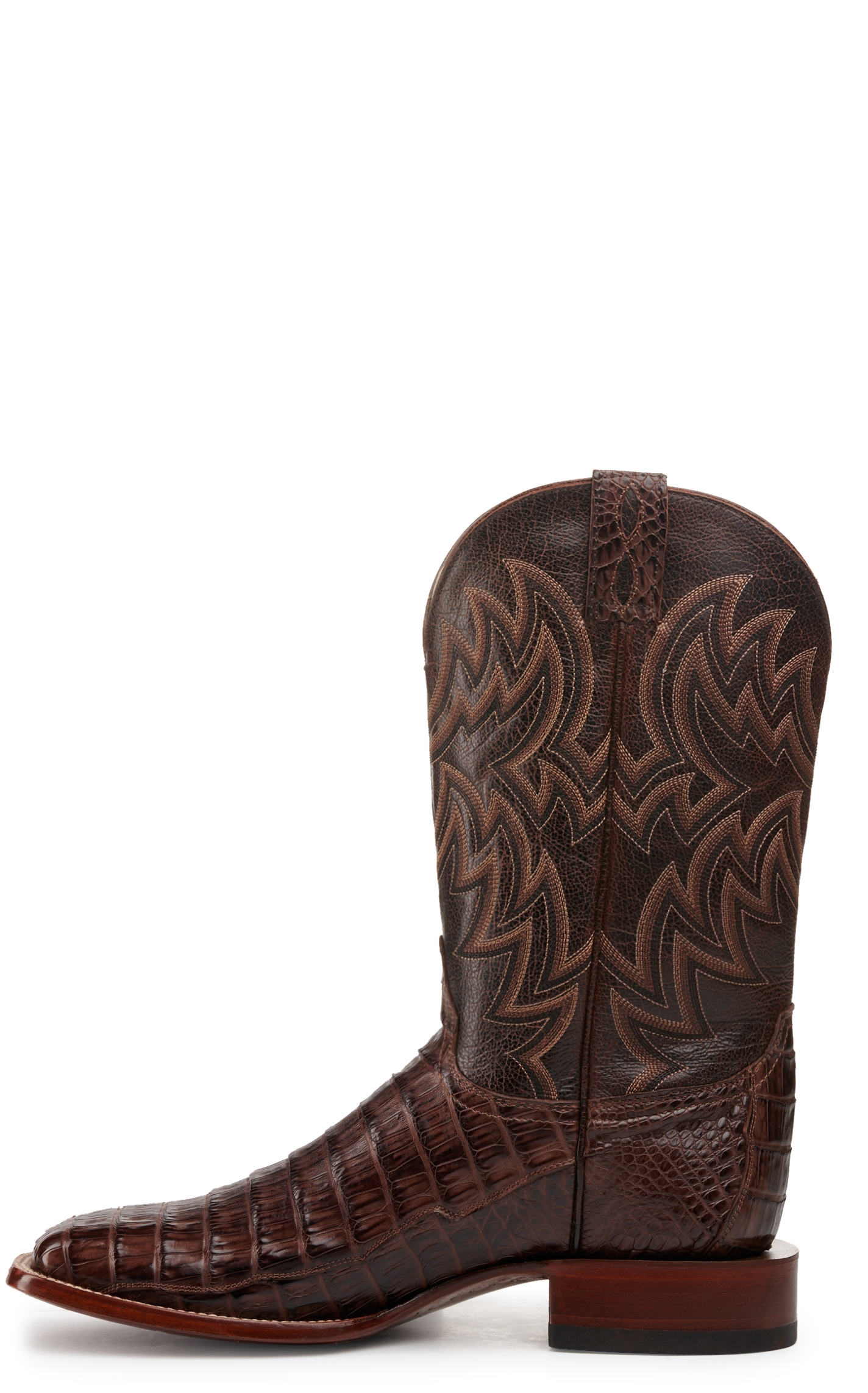 Cavender's Men's Chocolate and Cigar Caiman Tail Wide Square Toe Exotic Cowboy Boot - Image 1