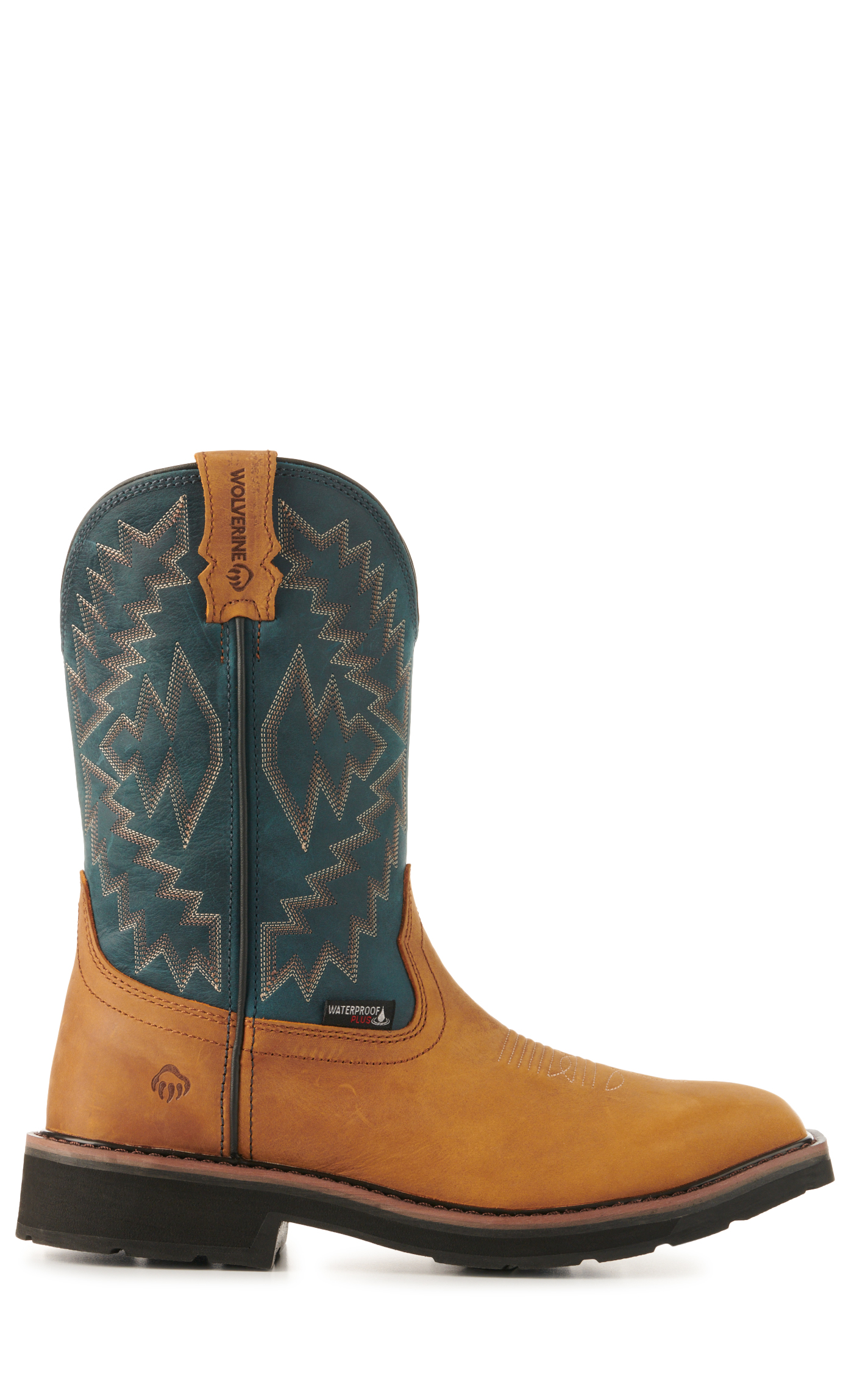 Wolverine Men's Rancher Arrow Tan and Blue Waterproof Wide Square Steel Toe Work Boots - Image 1