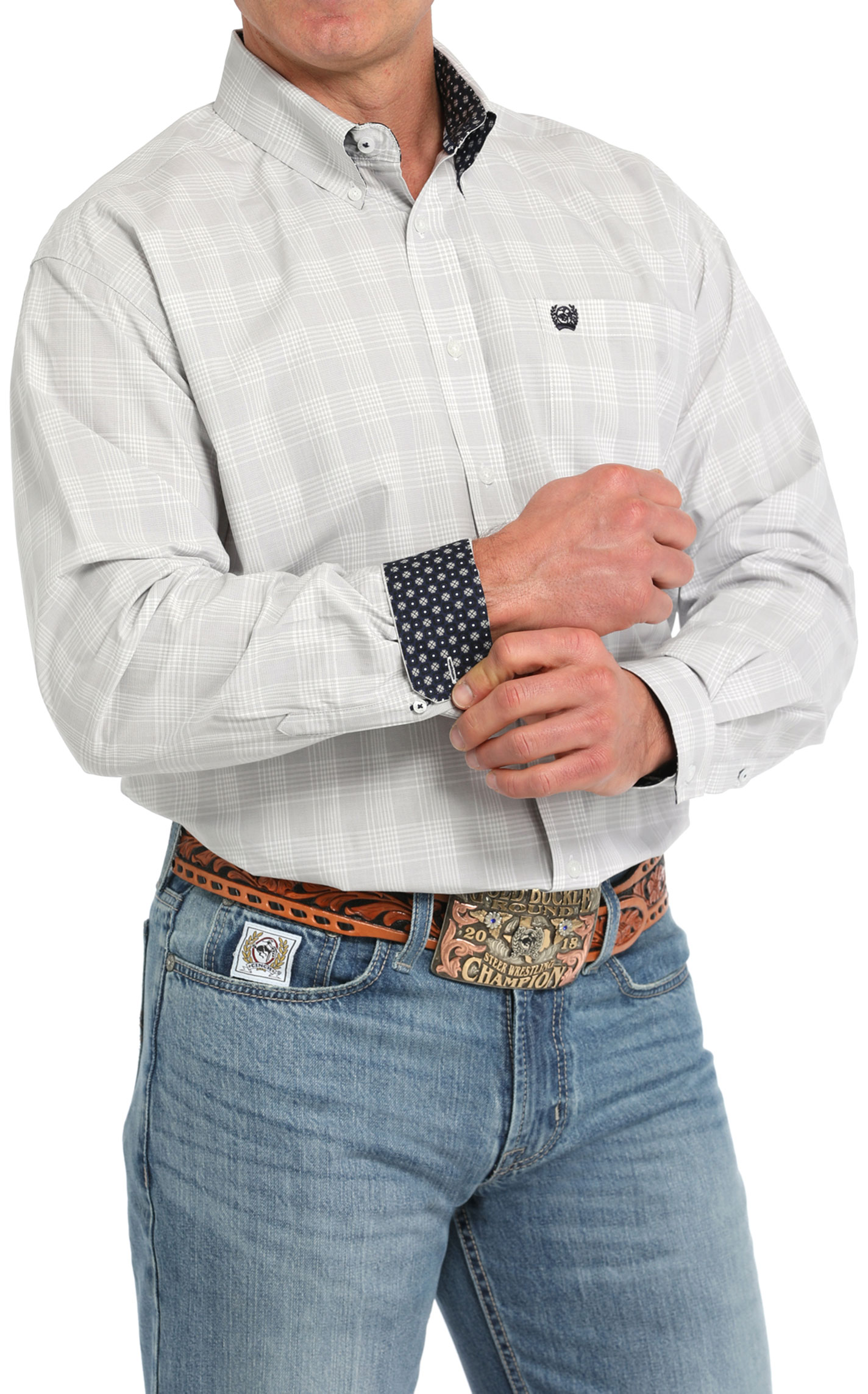 Cinch Men's Pale Gray & White Plaid Western Shirt - Image 1