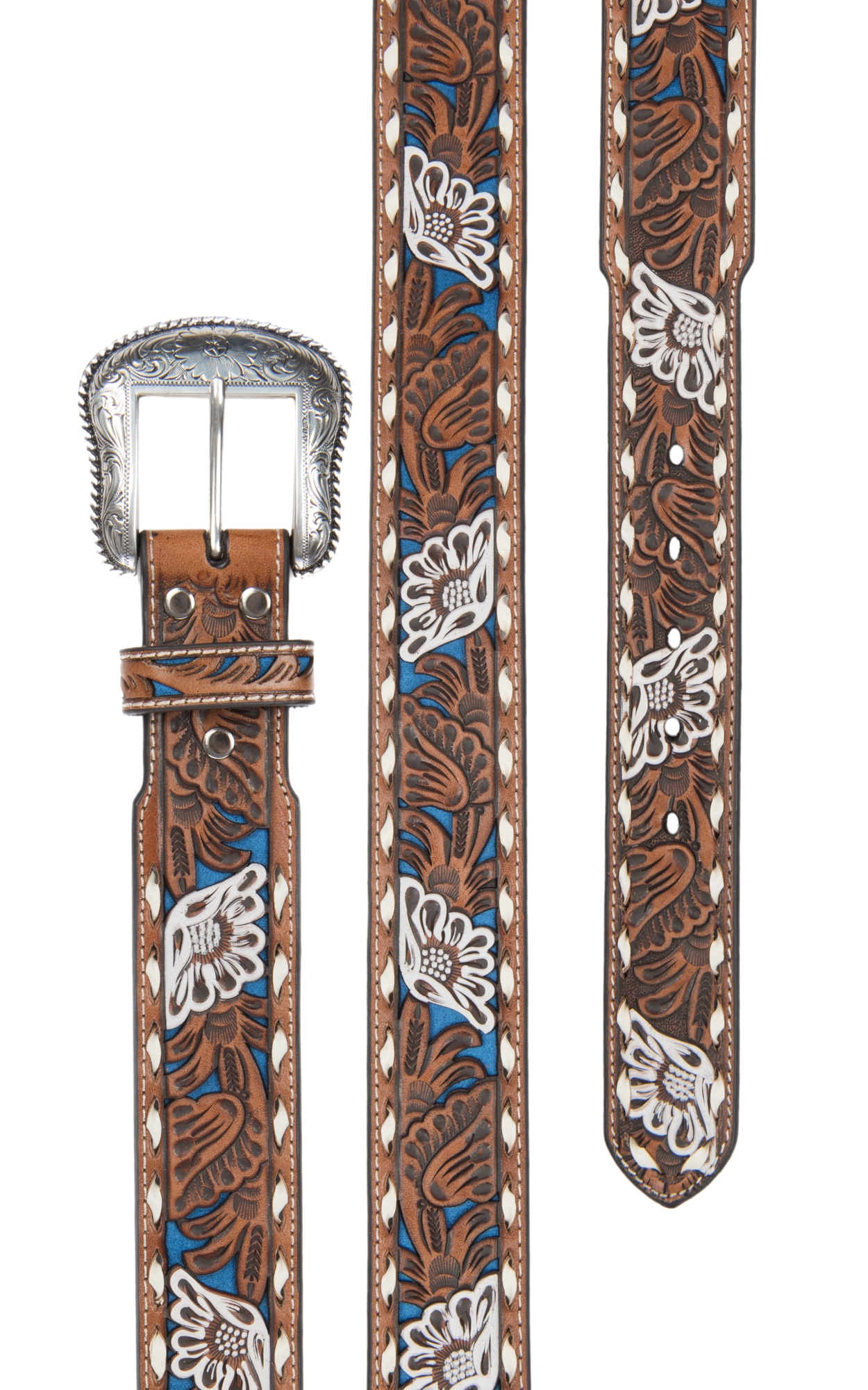 Nocona Men's Tan Genuine Leather Floral with Blue Painted Inlay Western Belt - Image 1