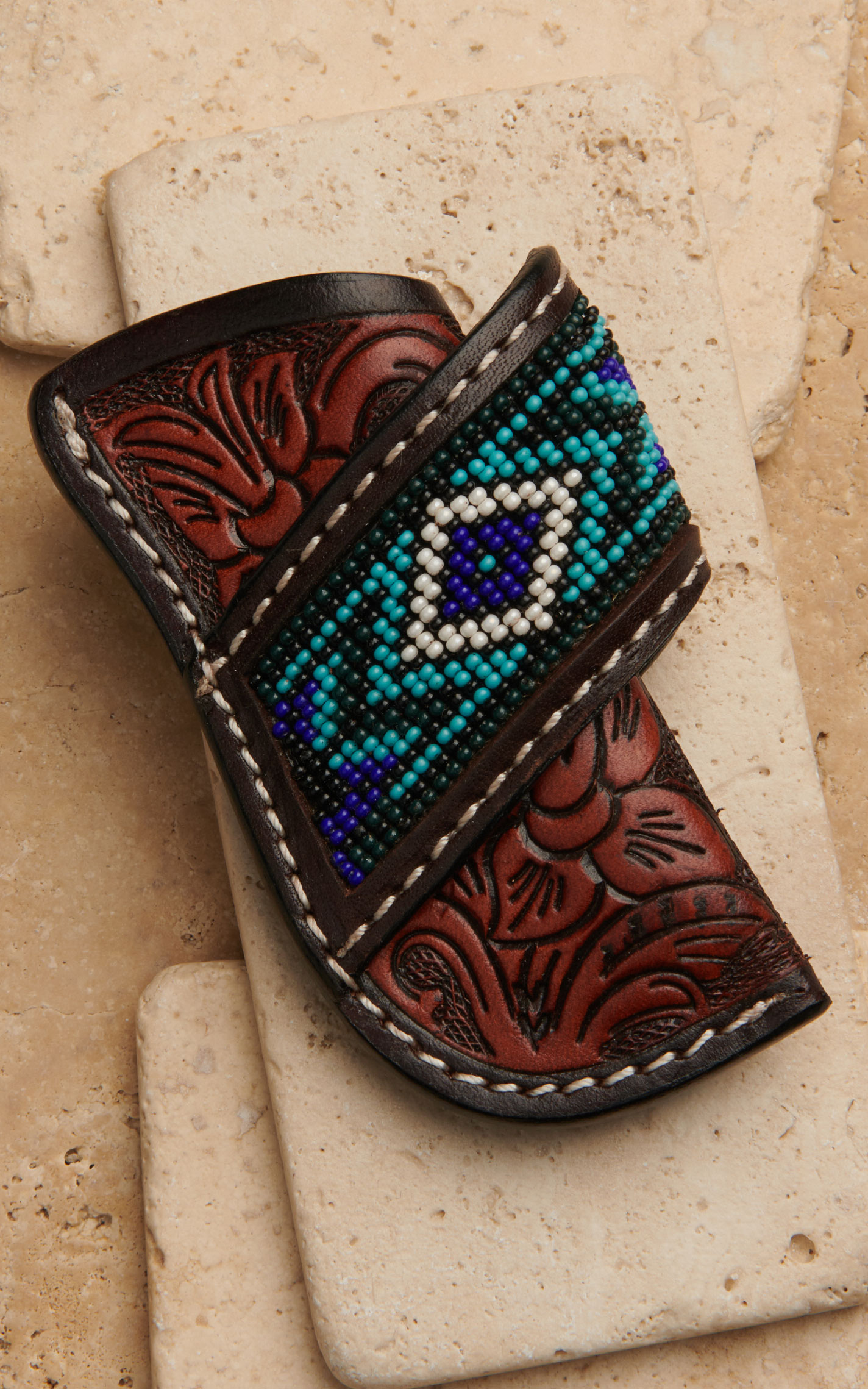Ranger Belt Co. Brown Floral Tooled with Blue Aztec Beaded Strap Leather Knife Sheath - Image 1