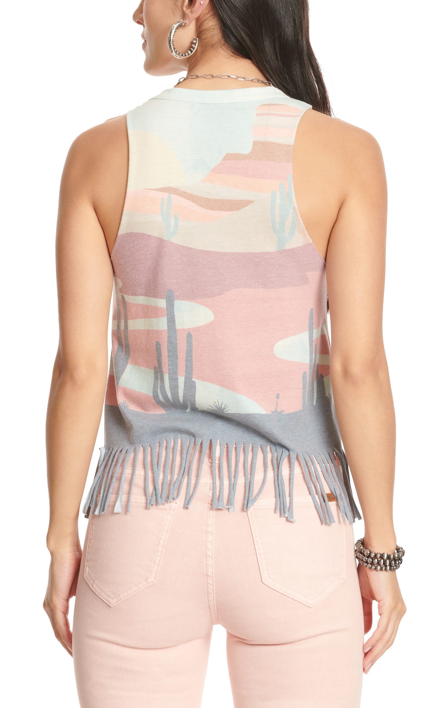 Rock & Roll Denim Women's Muted Color Desert Scene Fringed Tank Top - Image 1