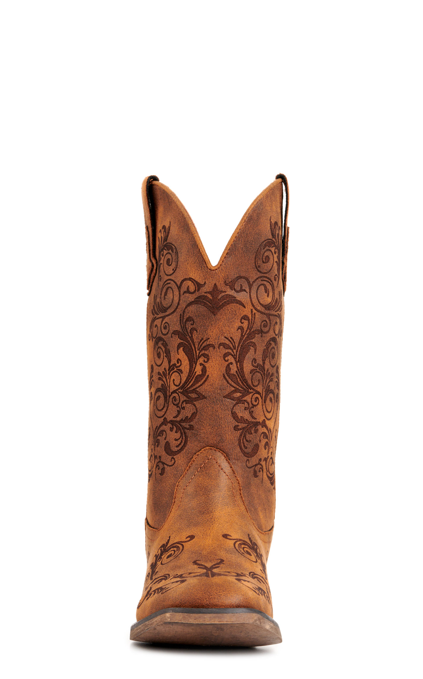 Roper Women’s Bailey Brown Laser-Etched Faux Leather Wide Square Toe Cowboy Boots - Image 1