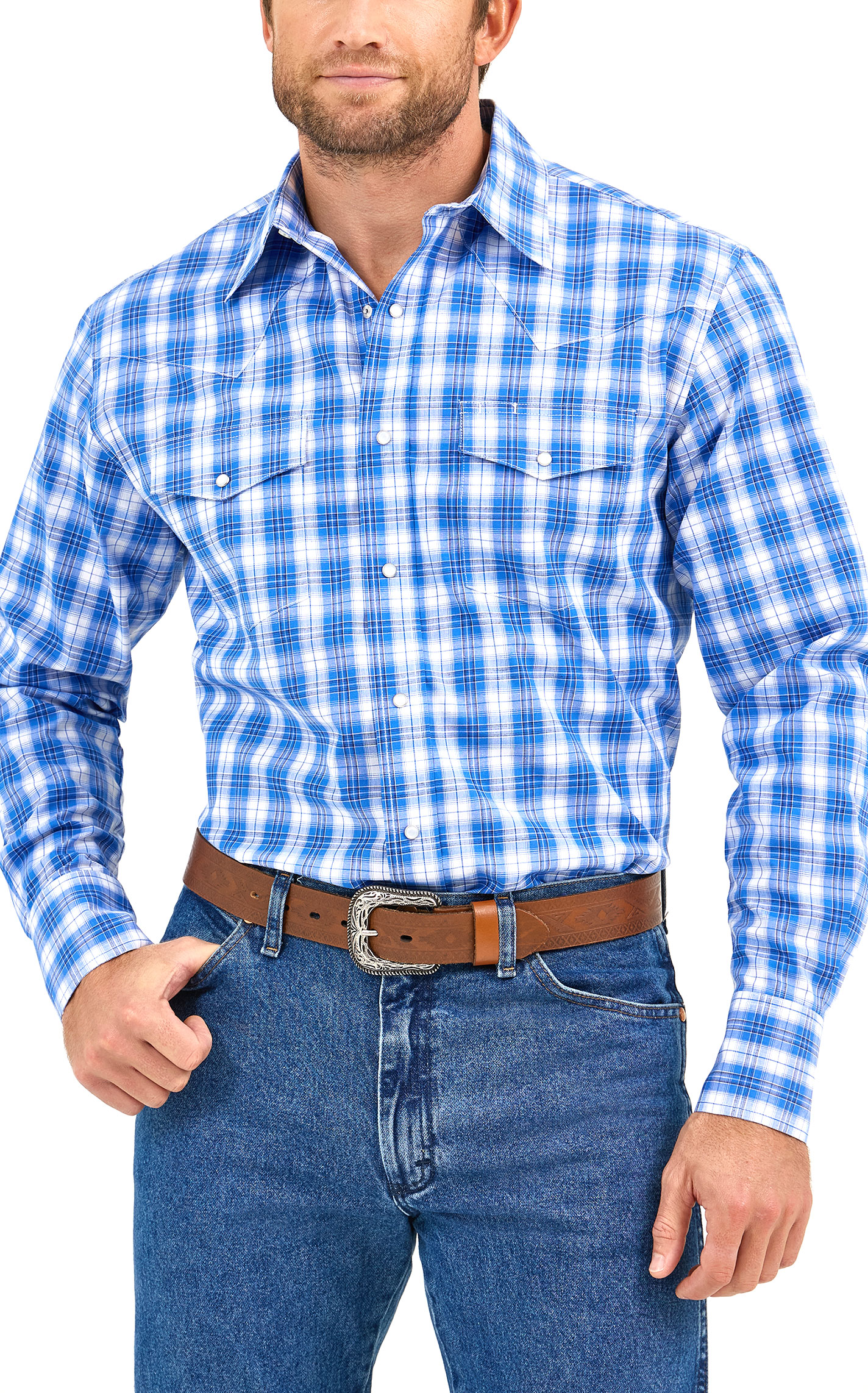 Wrangler Men's Vibrant Blue Plaid Print Western Shirt - Image 1
