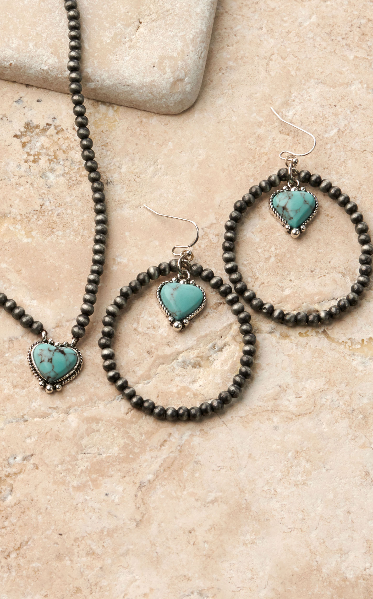 Silver Strike Silver Beads with Turquoise Heart Pendant Necklace and Earrings Jewelry Set - Image 1