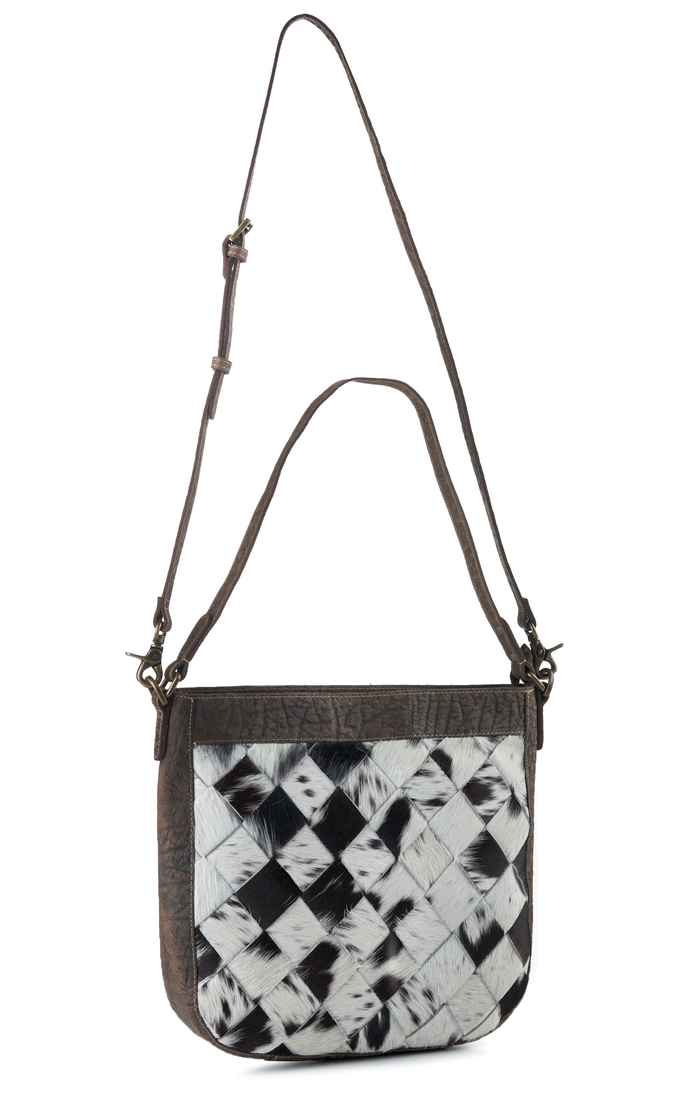 Myra Bag Pecos Cross Weave Black Coffee & Cream Hair on Hide Western Crossbody Bag - Image 1