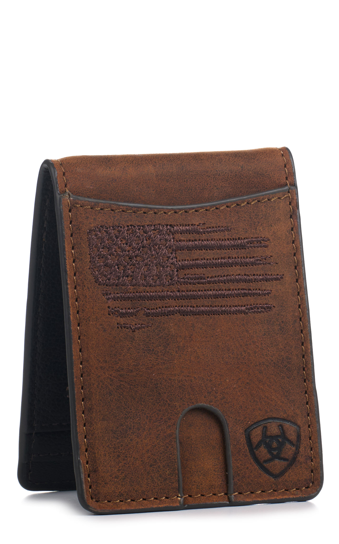 Ariat Men's Chocolate Flag & Shield Logo Bifold Money Clip - Image 1