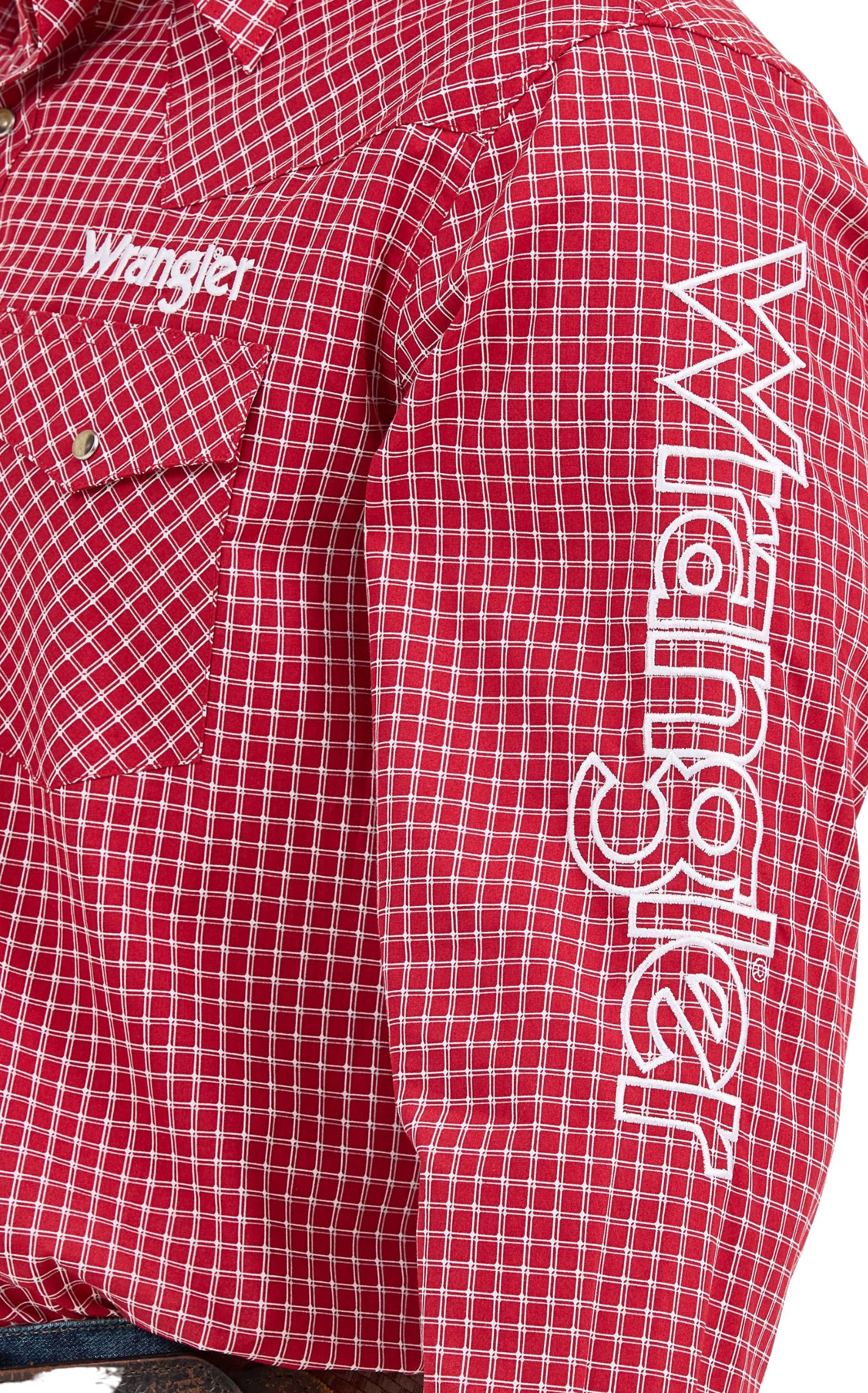 Wrangler Men's Red Plaid Embroidered Logo Western Shirt - Image 1