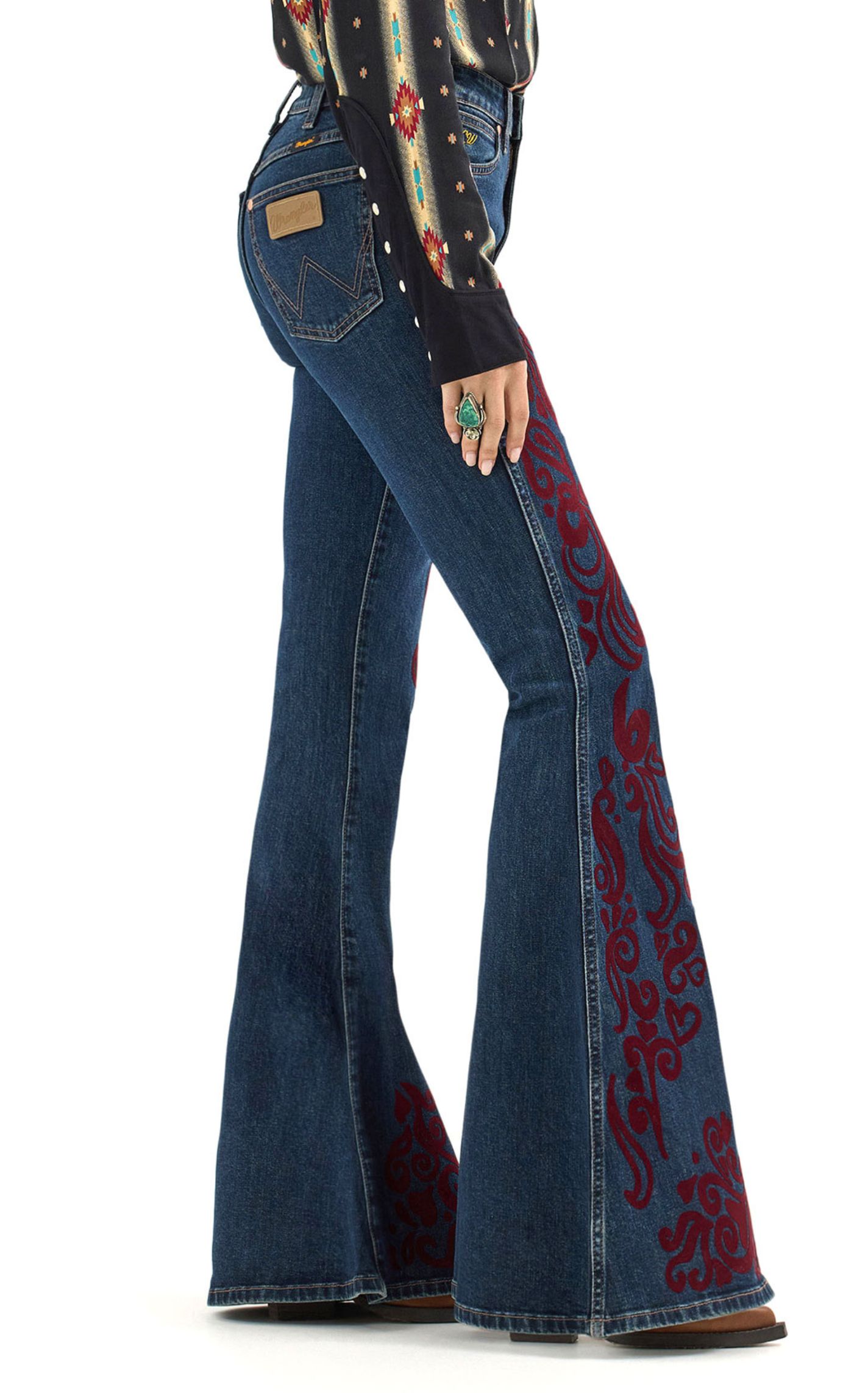 Wrangler X Lainey Wilson Women's Dark Wash Maroon Boot Stitch Bell Bottom Jeans - Image 1