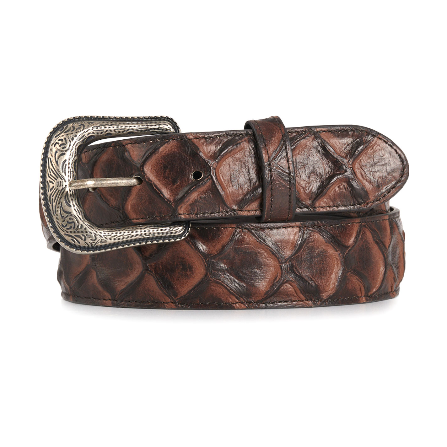 Cavender's Men's Brown Pirarucu Leather Belt with Silver Buckle - Image 1