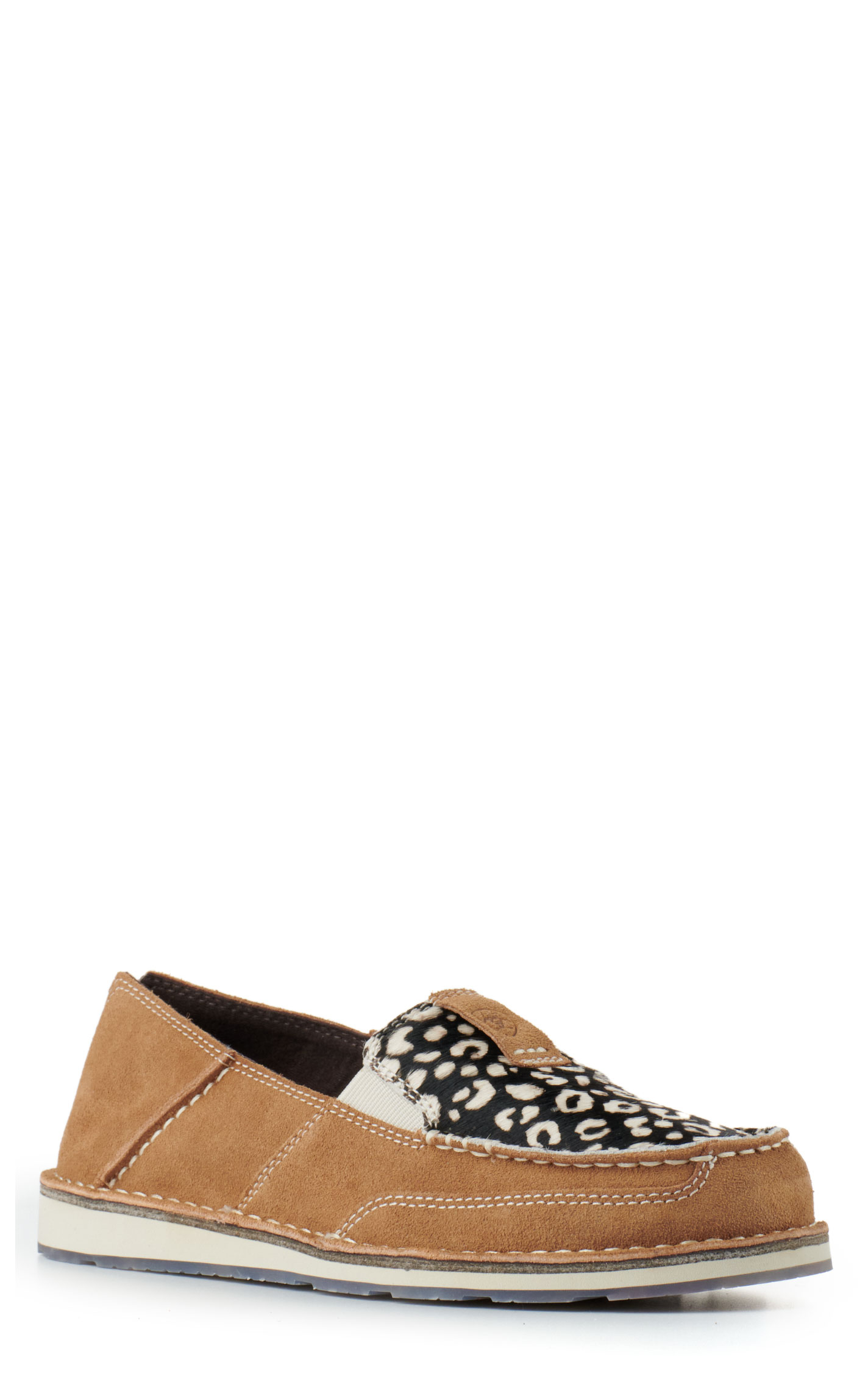 Ariat Ladies Cruiser Dark Tan Suede and Cheetah Print Hair Moc Toe Casual Shoes - Image 1