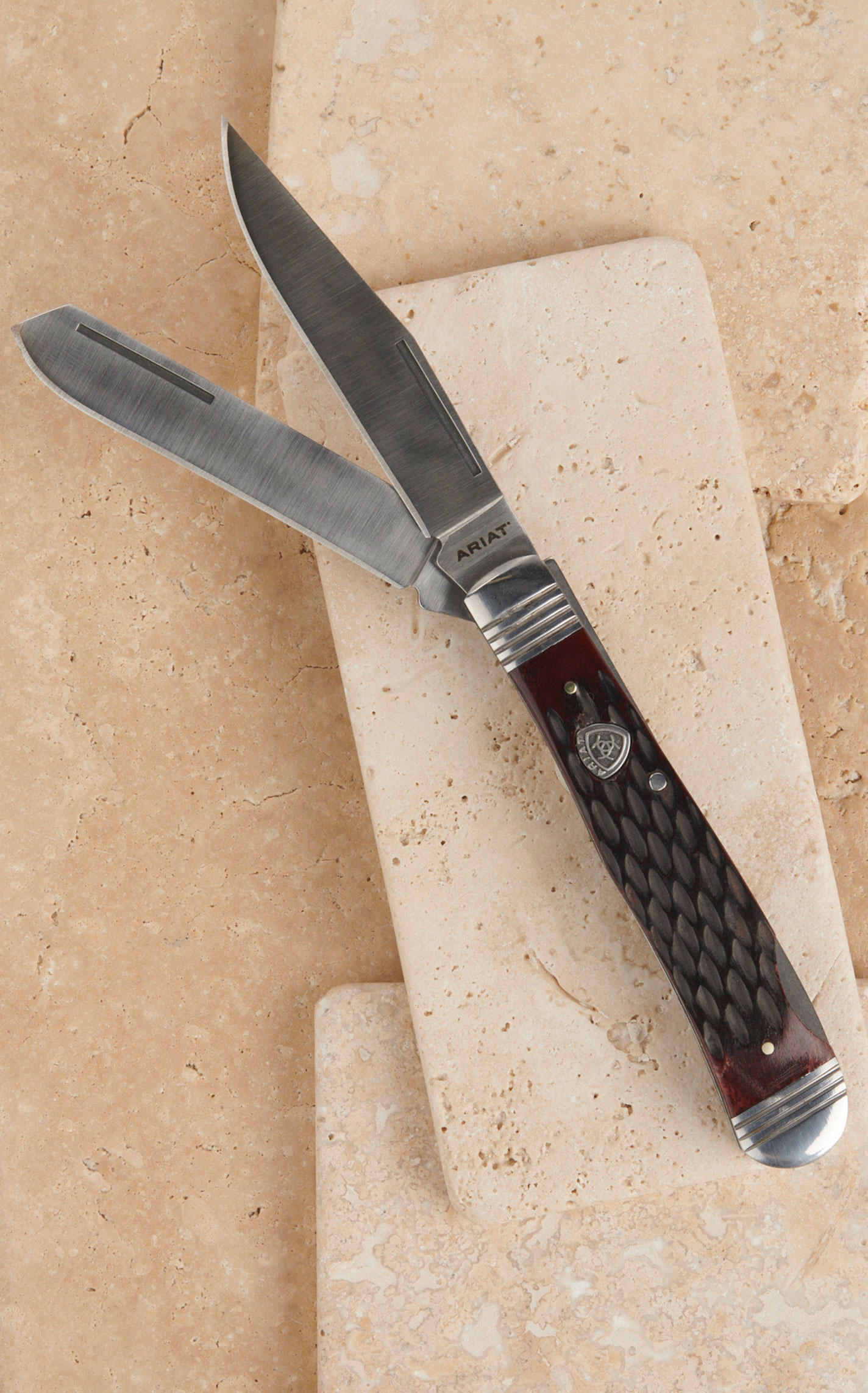Ariat Large 2 Smooth Blades Textured Bone Handle Folding Knife - Image 3