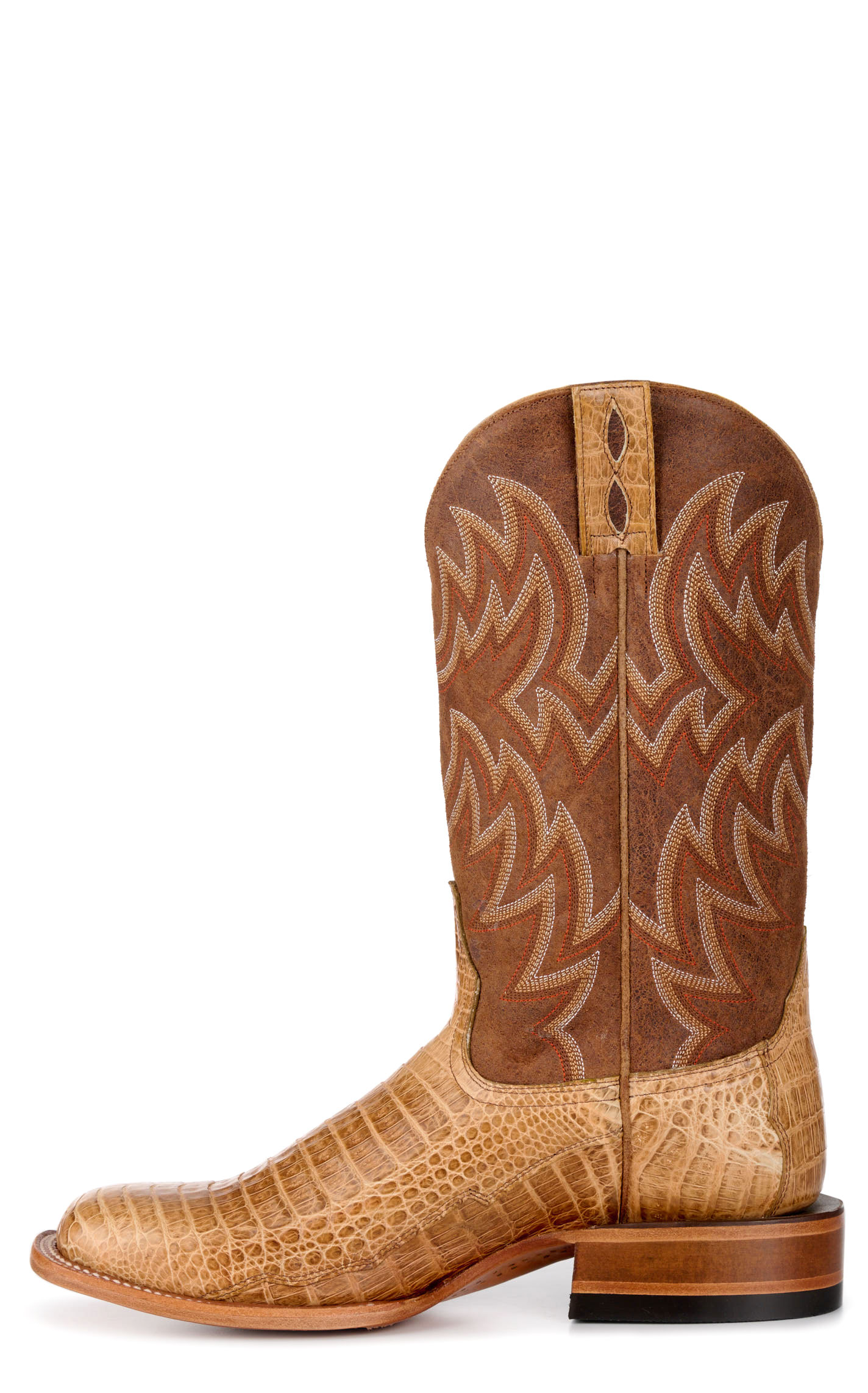 Cavender's Men's Brown and Saddle Caiman Belly Wide Square Toe Exotic Cowboy Boots - Image 1
