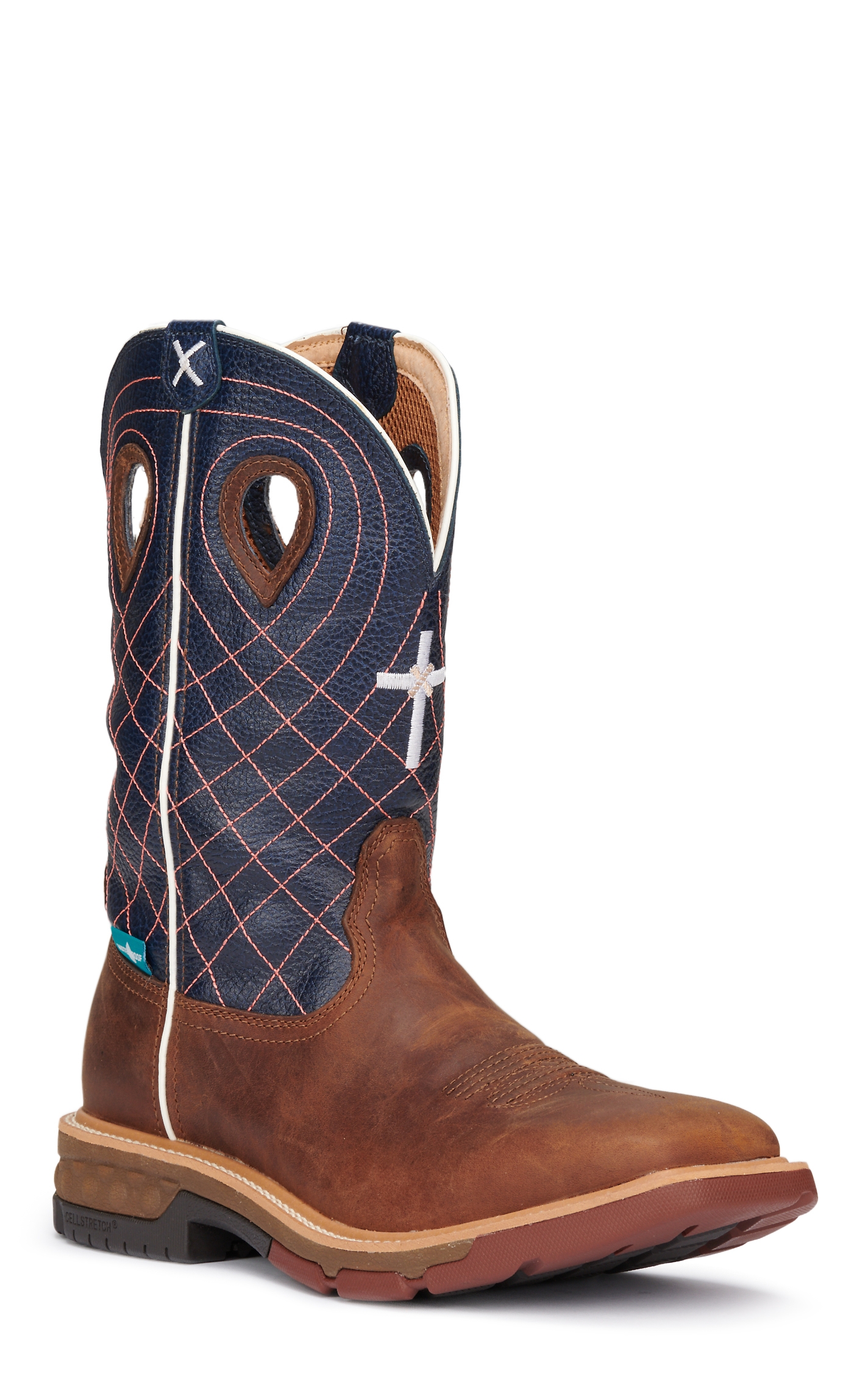 Twisted X Men's Brown and Navy with Cross Embroidery CellStretch Square Toe Work Boot - Image 1