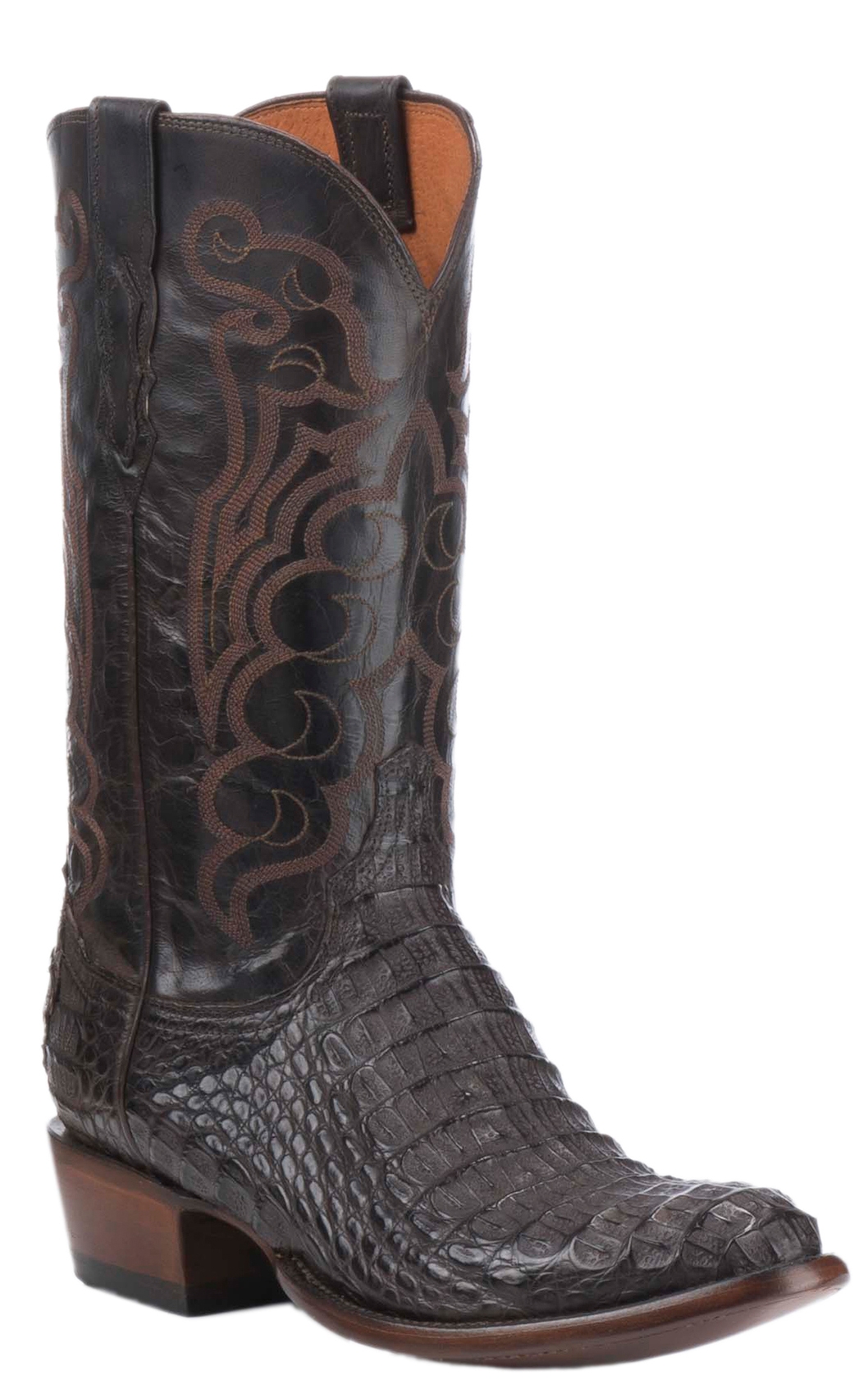Lucchese Men's Chocolate and Barrel Brown Hornback Caiman R-Toe Exotic Western Boots - Image 1