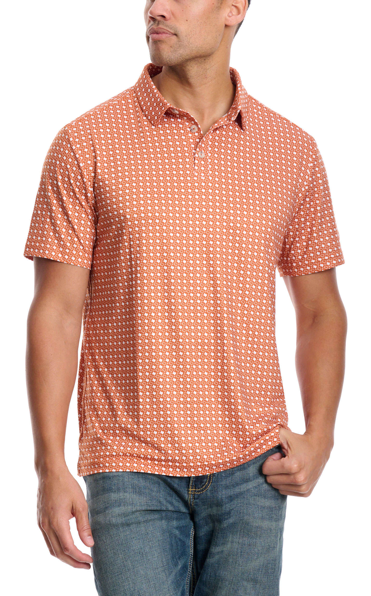 BURLEBO Men's Burnt Orange & White Texas Print Performance Polo - Image 1