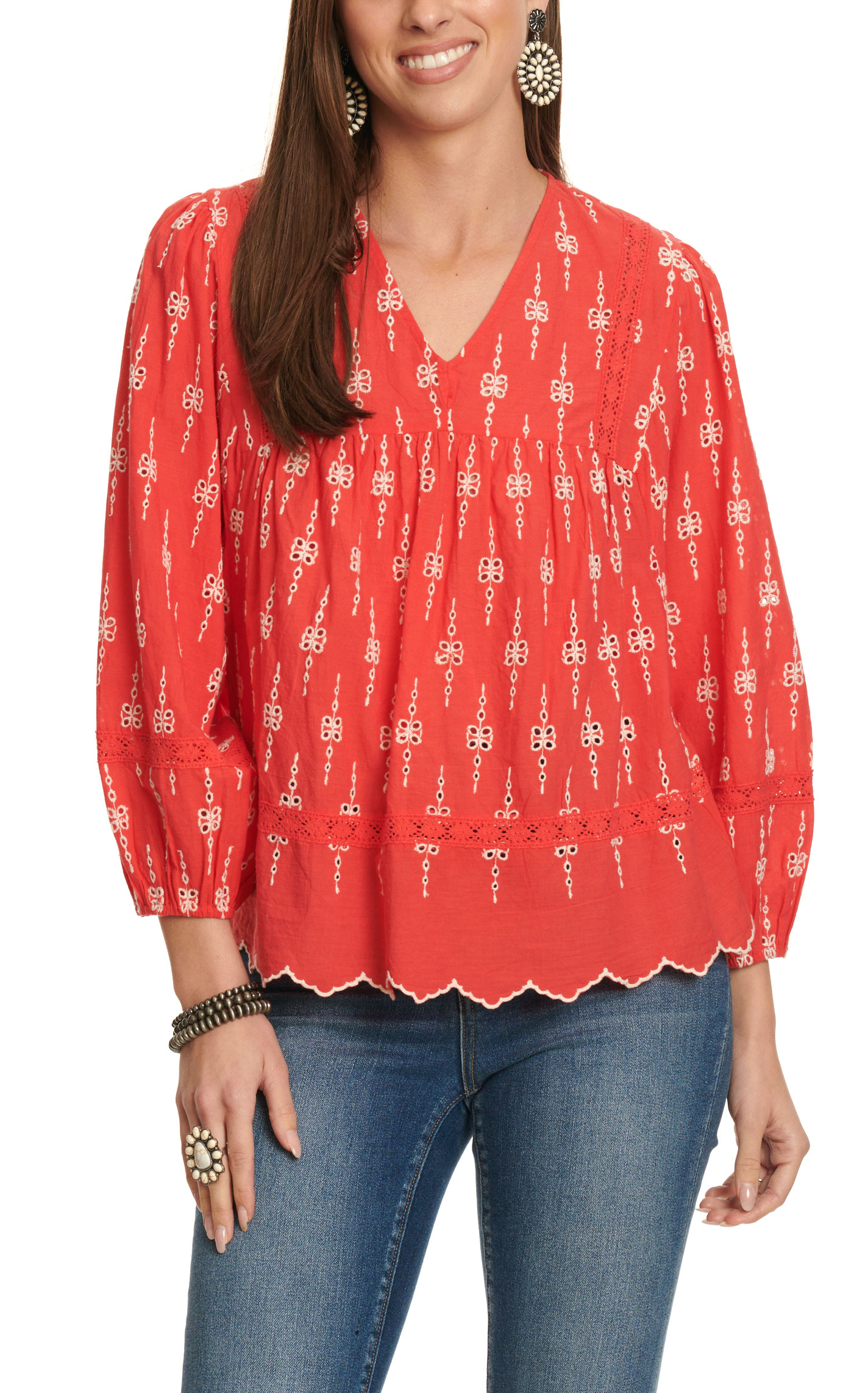 Rockin' C Women's Red with Lace & Cream Eyelet Long Sleeve Top - Image 1
