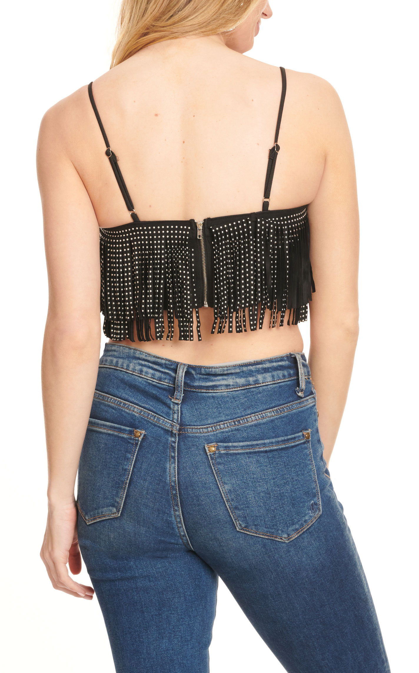 Mainstrip Women's Black Thin Strap Silver Studded Fringed Crop Top - Image 1