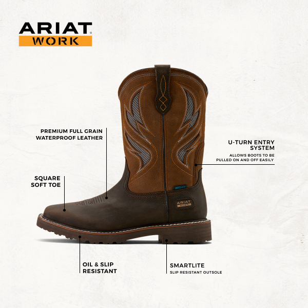 Ariat Men's Activator Dark Brown Waterproof Wide Square Soft Toe Work Boots - Image 1