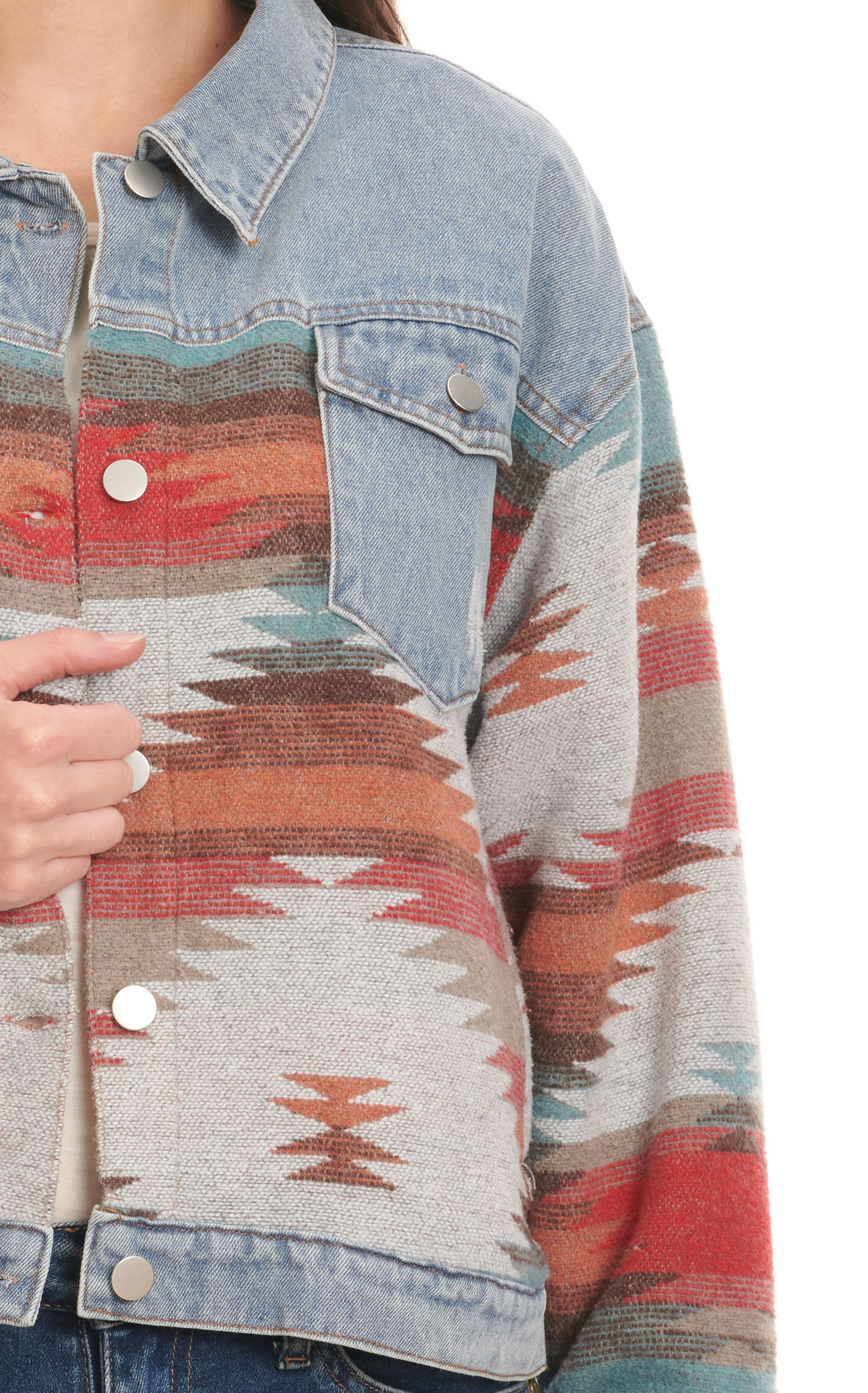 Montana Co Women's Light Wash Denim & Turquoise Sunset Aztec Blanket Jacket - Image 1